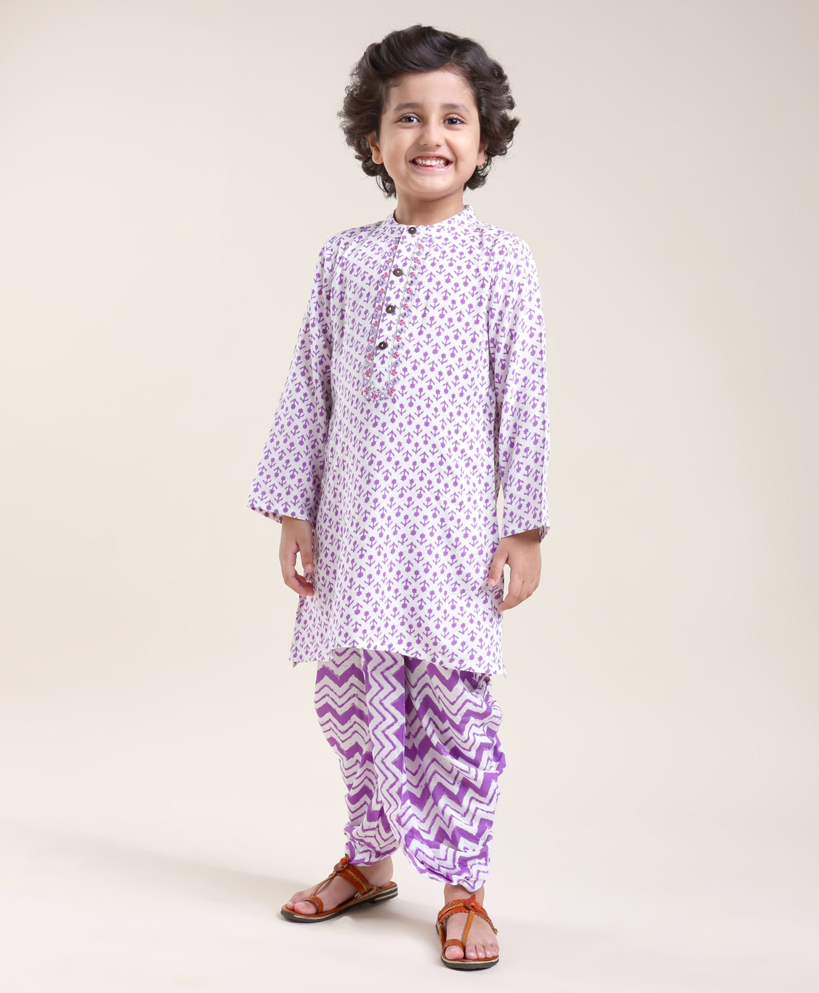 Babyhug Cotton Full Sleeves Kurta With Dhoti Floral Print & Embroidery - White & Purple-image-8