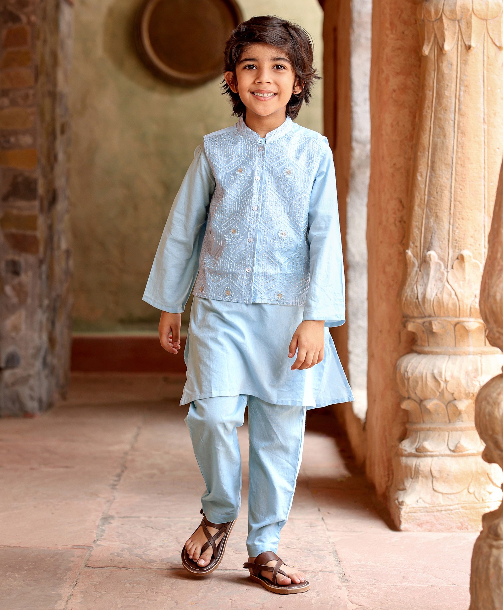 Babyhug Cotton Woven Full Sleeves Solid Kurta Payjama Set With Sequenced Embroidered Jacket - Blue-picture-20
