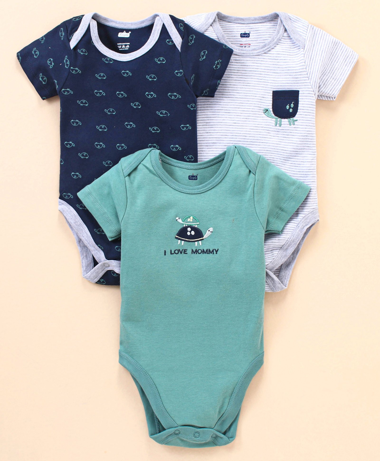 Simply Cotton Interlock Half Sleeves Striped Onesie Turtle Print Pack of 3 - Green Navy Blue & Grey-image-42