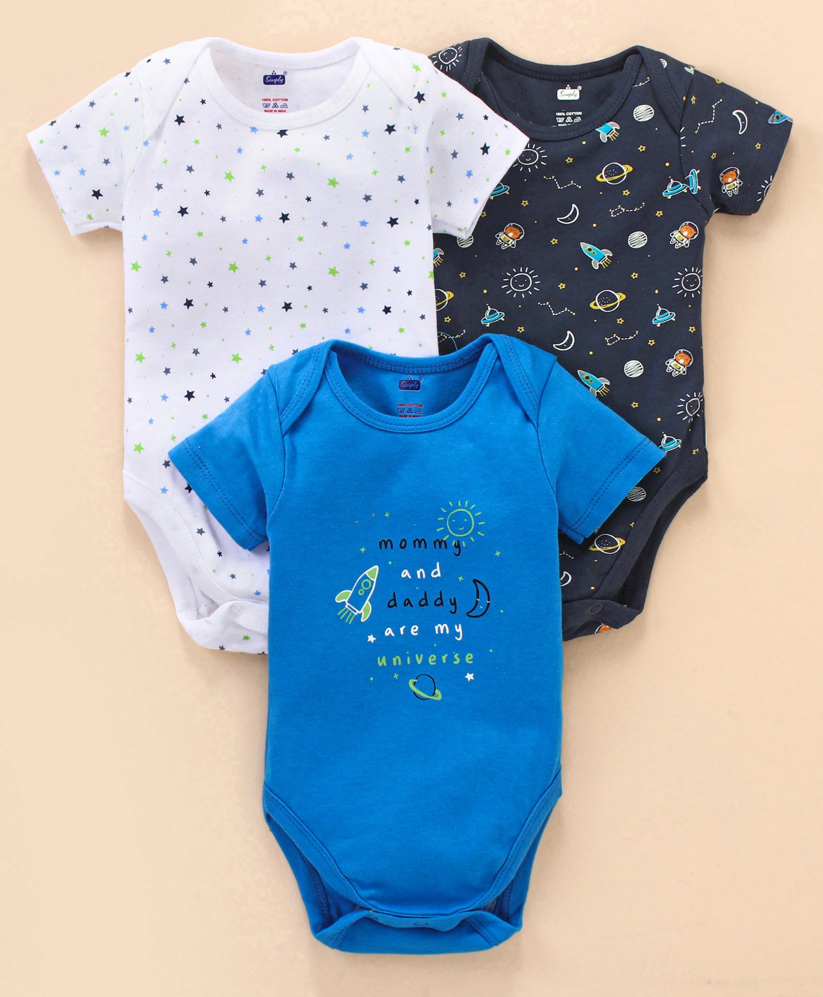 Simply Cotton Interlock Half Sleeves Onesie Star Print Pack of 3 - White & Navy Blue-picture-13