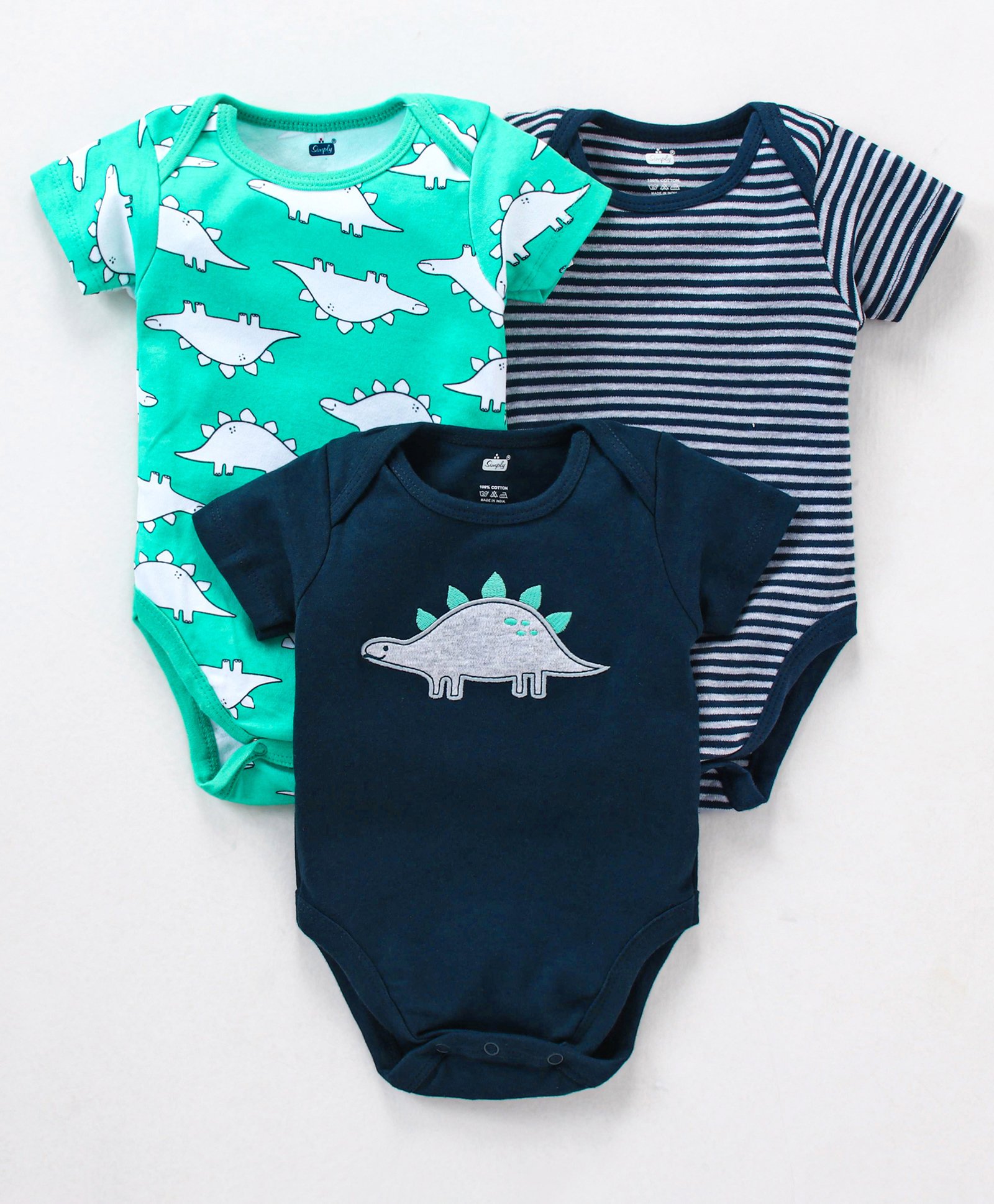 Simply Cotton Interlock Half Sleeves Striped Onesie Dino Print Pack of 3 - Green & Navy Blue-picture-15