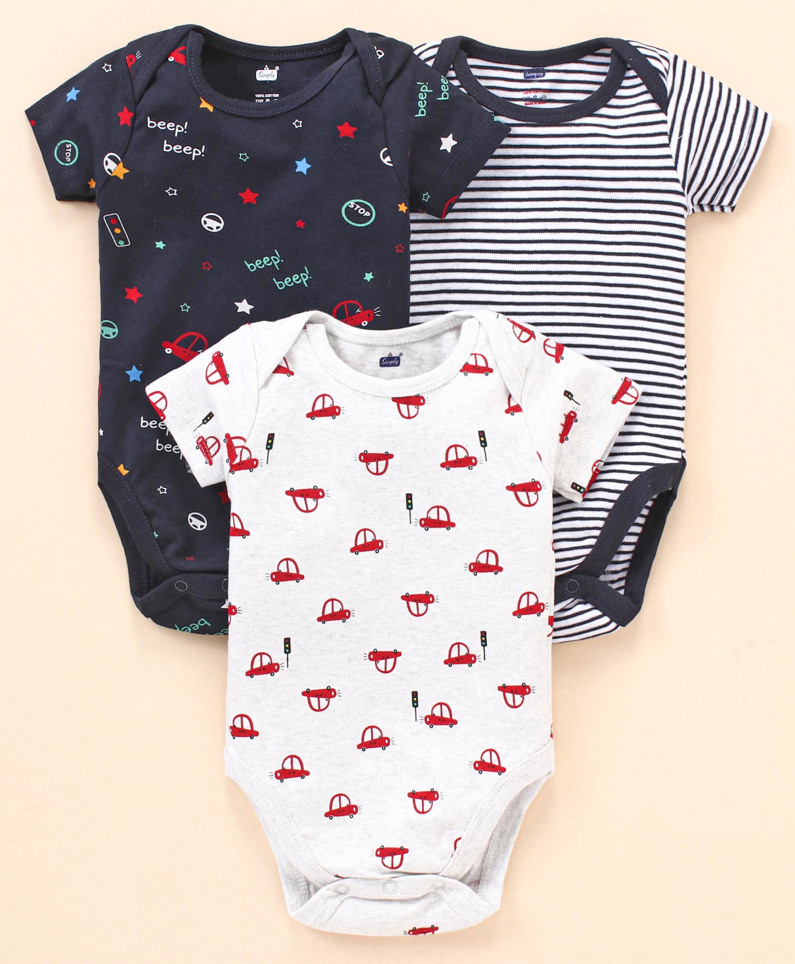 Simply Cotton Interlock Half Sleeves Striped Onesie Car Print Pack of 3 - Black & White-picture-10