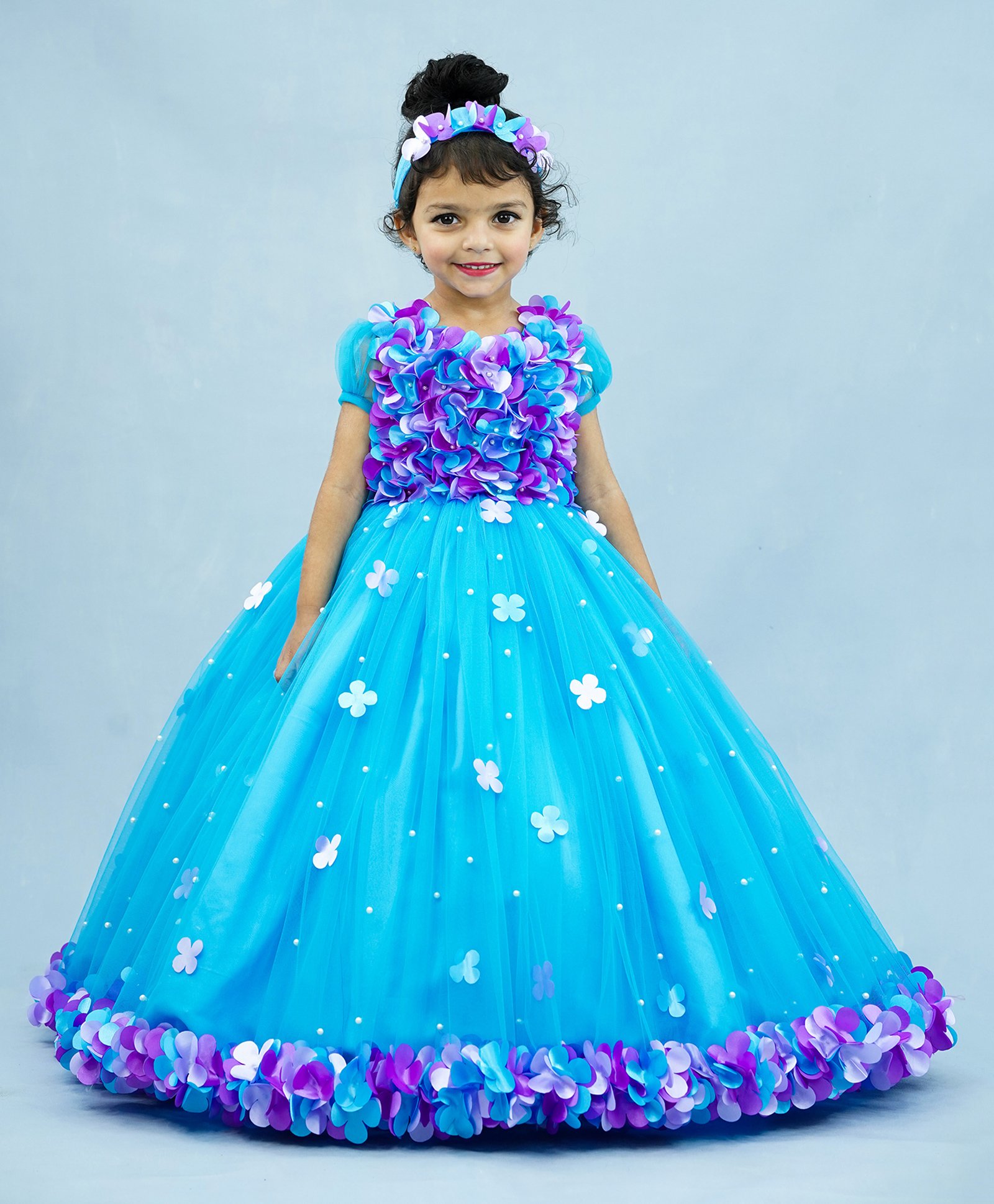 Li&Li BOUTIQUE Puffed Short Sleeves Floral Bodice Detailed Fit & Flare Pearl With Flower Petal Embellished Gown - Blue & Lavender-image-31