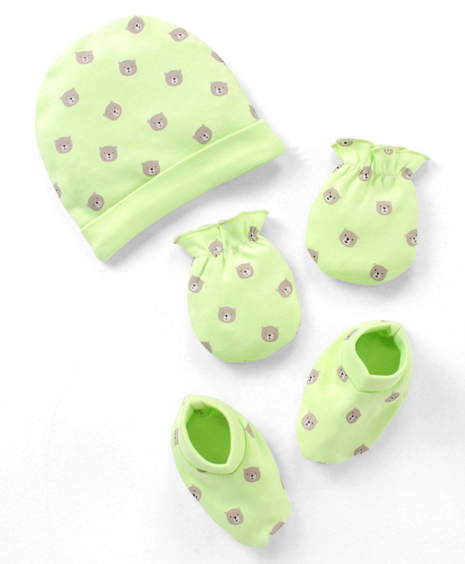 Babyhug 100% Cotton Cap Mittens & Booties Set Teddy Print - Green-image-12