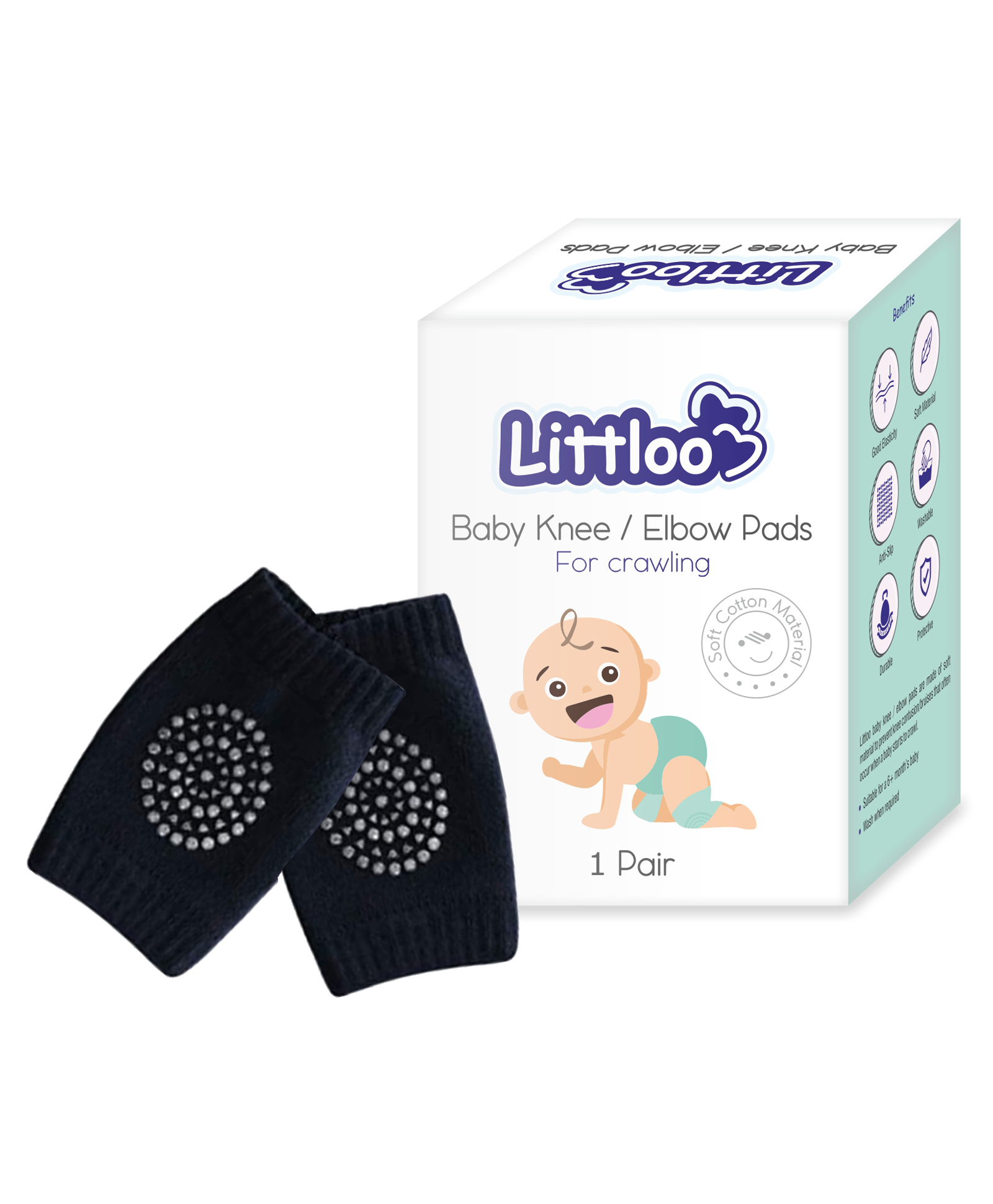 Littloo Baby Safety Protector Knee & Elbow Pads for Anti-Slip Crawling Experience Made with Soft Cotton Elastic and Stretchable - Black-image-2