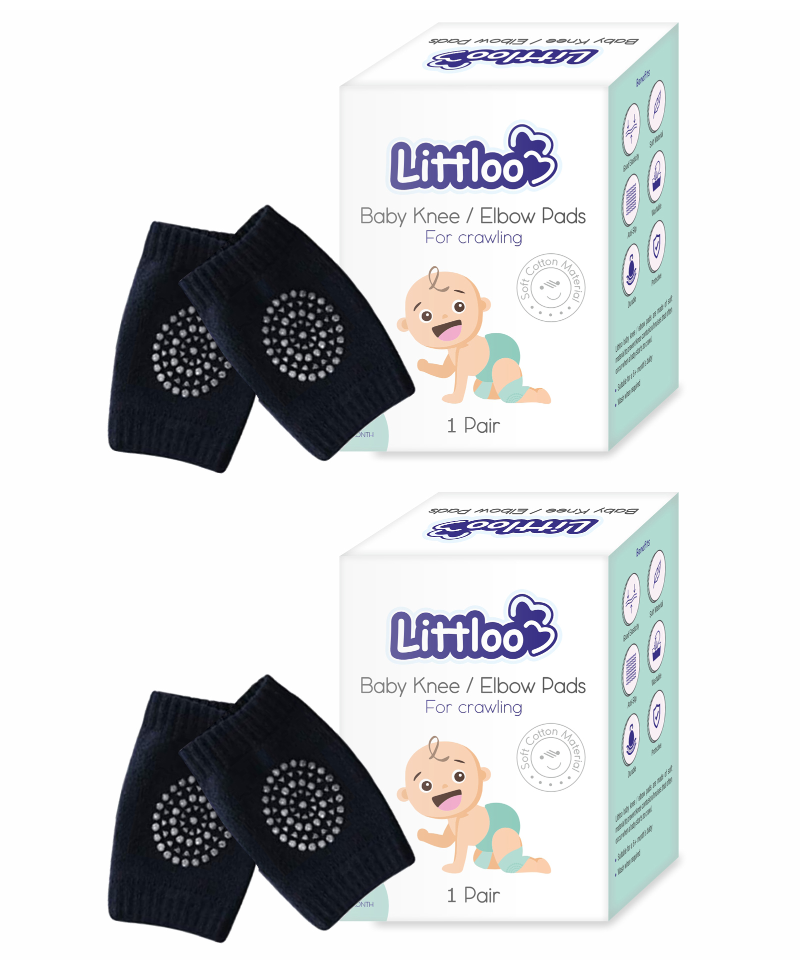 Littloo Baby Safety Protector Knee & Elbow Pads for Anti Slip Crawling Experience Made with Soft Cotton Elastic and Stretchable Pack of 2 - Black-image-40