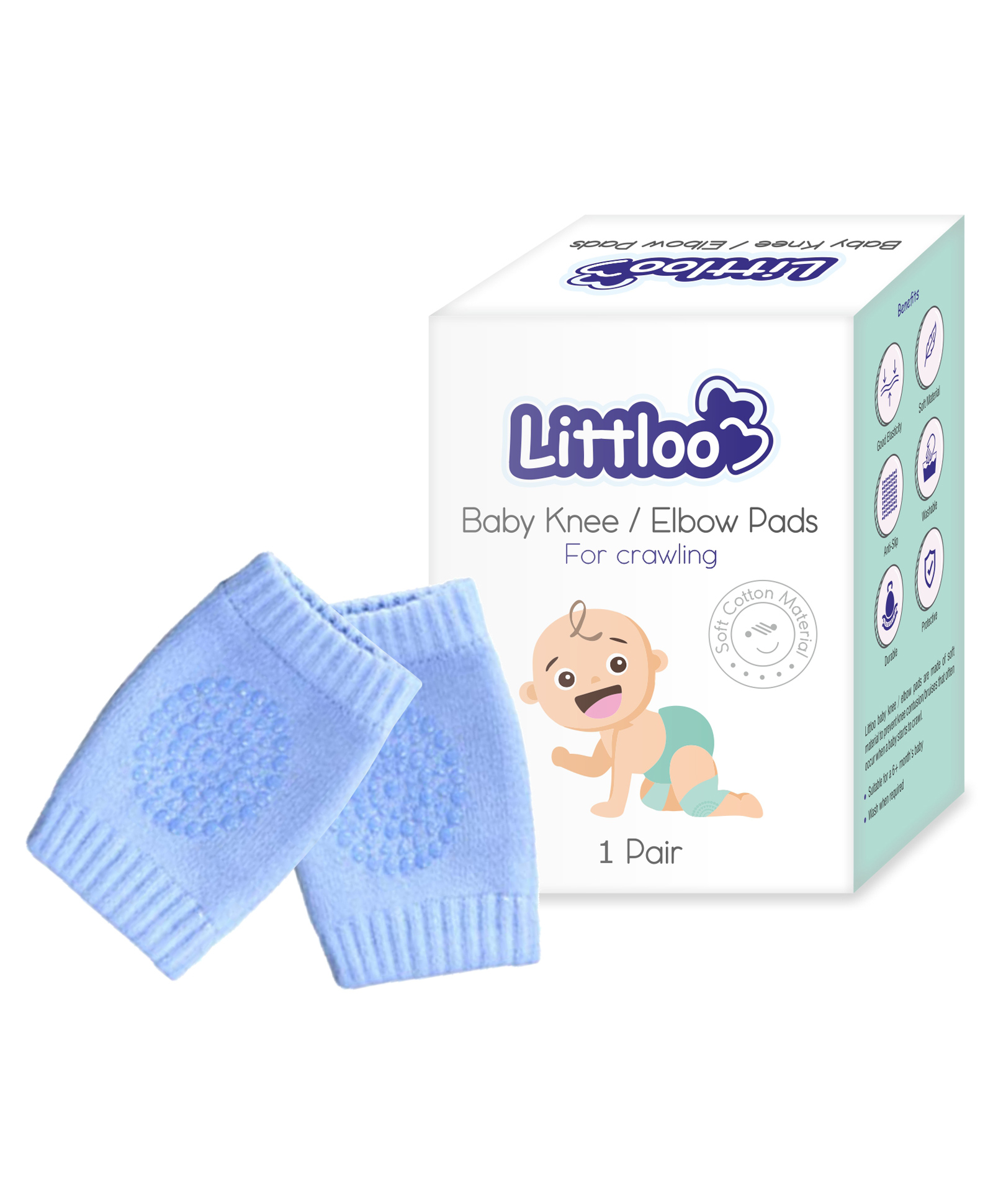 Littloo Baby Safety Protector Knee & Elbow Pads for Anti-Slip Crawling Experience Made with Soft Cotton Elastic and Stretchable - Blue-image-3