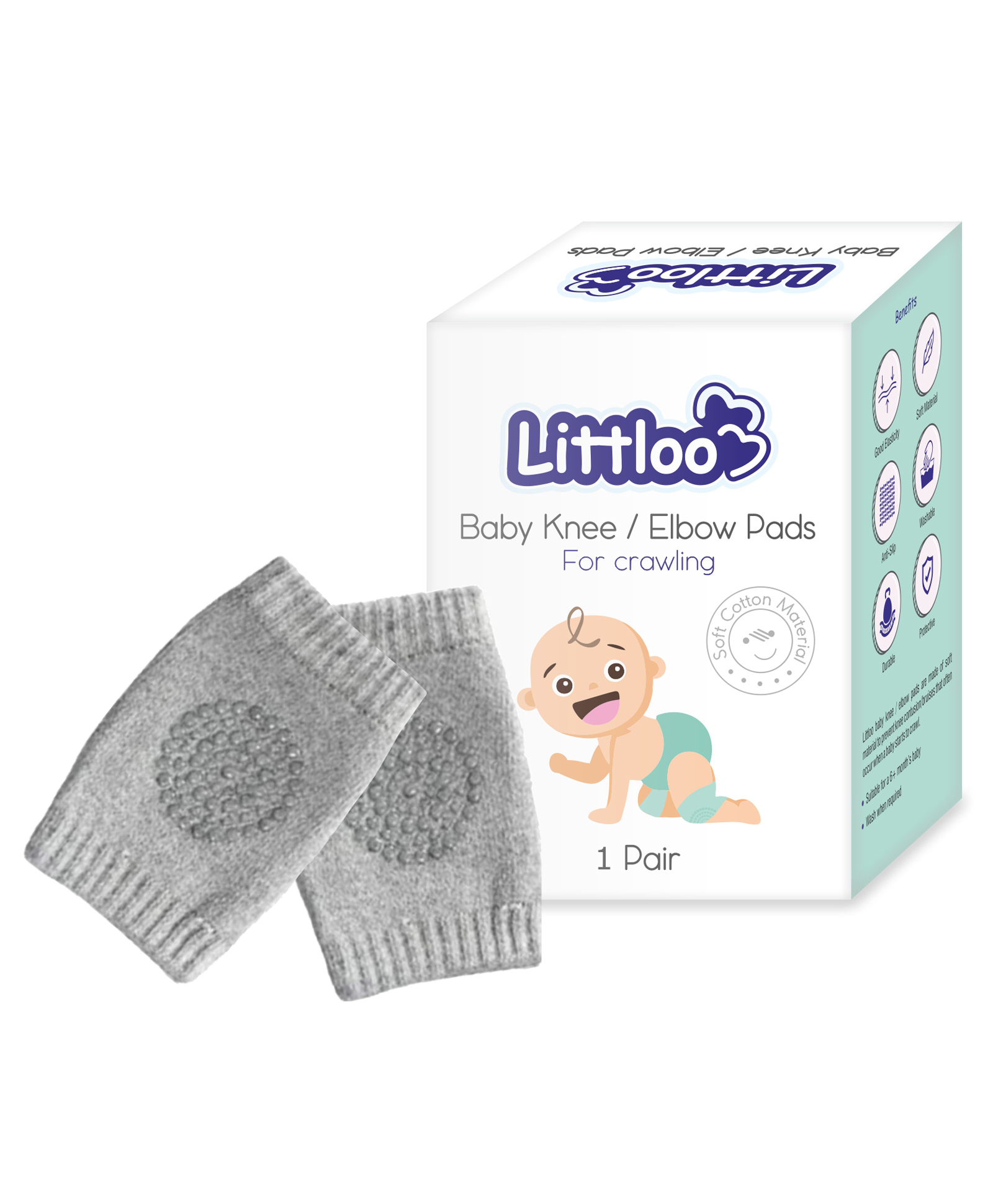 Littloo Baby Safety Protector Knee & Elbow Pads for Anti-Slip Crawling Experience Made with Soft Cotton Elastic and Stretchable - Grey-image-34