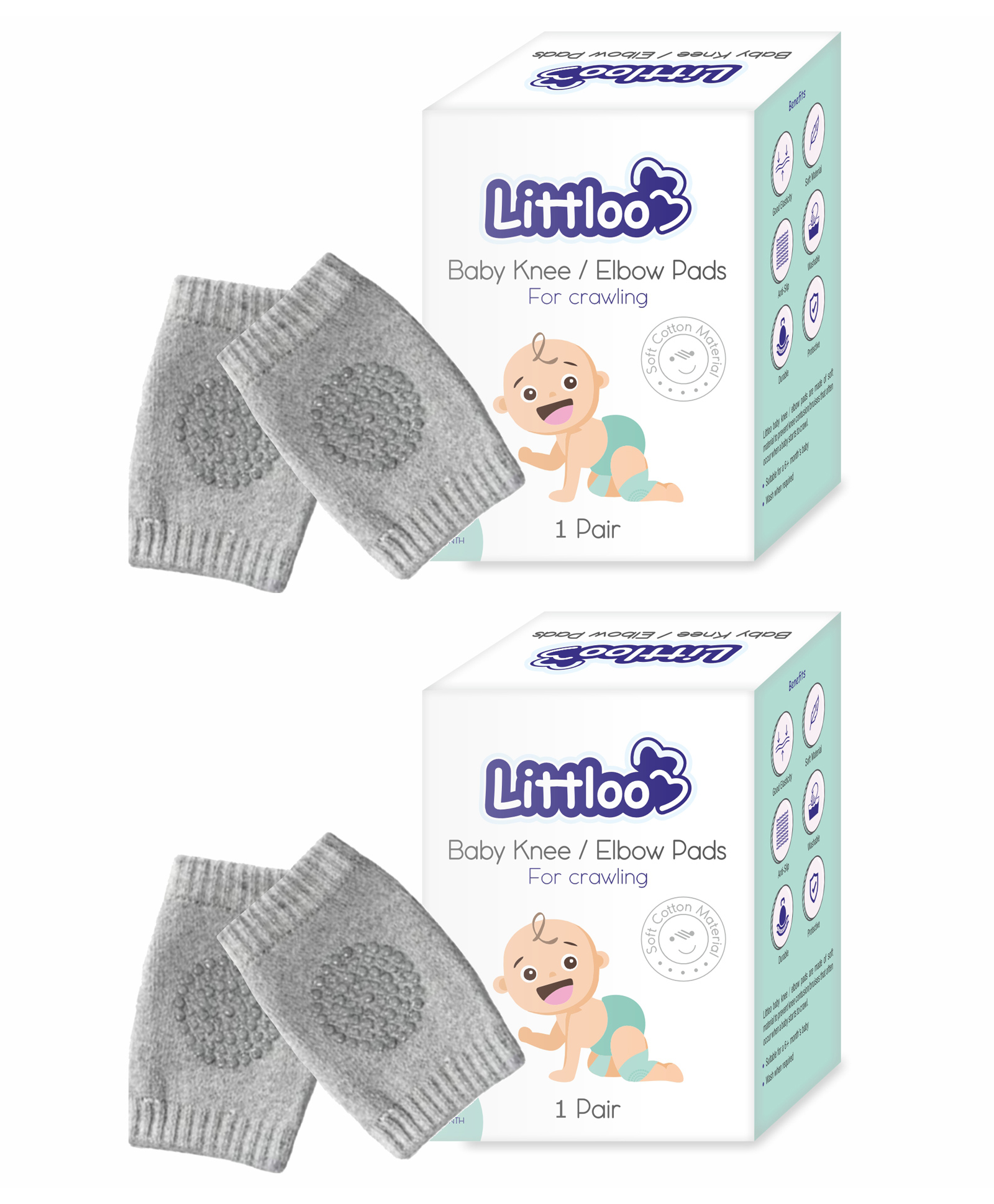 Littloo Baby Safety Protector Knee & Elbow Pads for Anti Slip Crawling Experience Made with Soft Cotton Elastic and Stretchable Pack of 2 - Grey-image-35