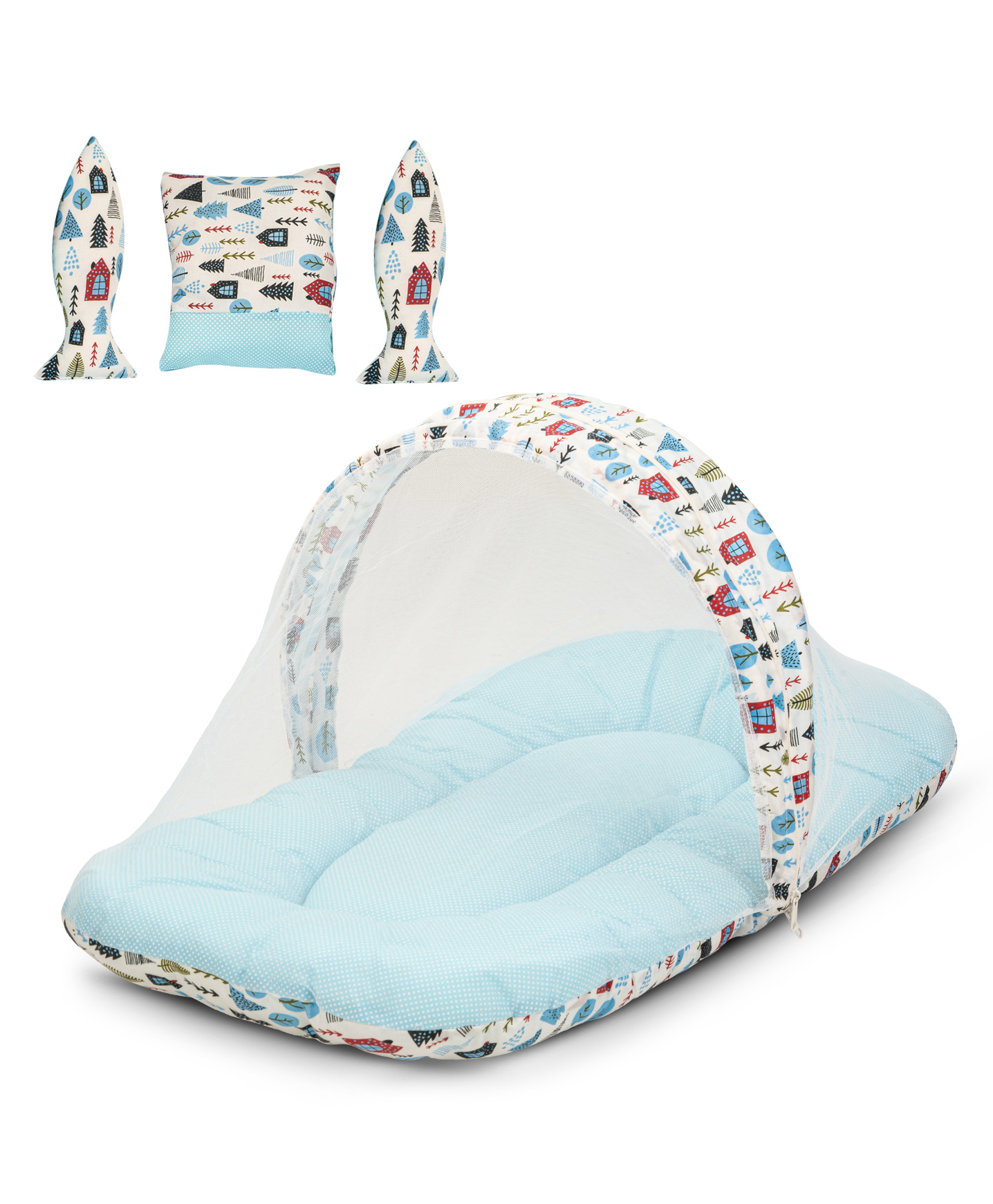 Baybee Cotton Bedding Set For New Born Baby With Mattress, Mosquito Net with Zip Closure, Neck Pillow & 2 Bolsters Baby Sleeping Bag Combo Gadda set - Blue-picture-27