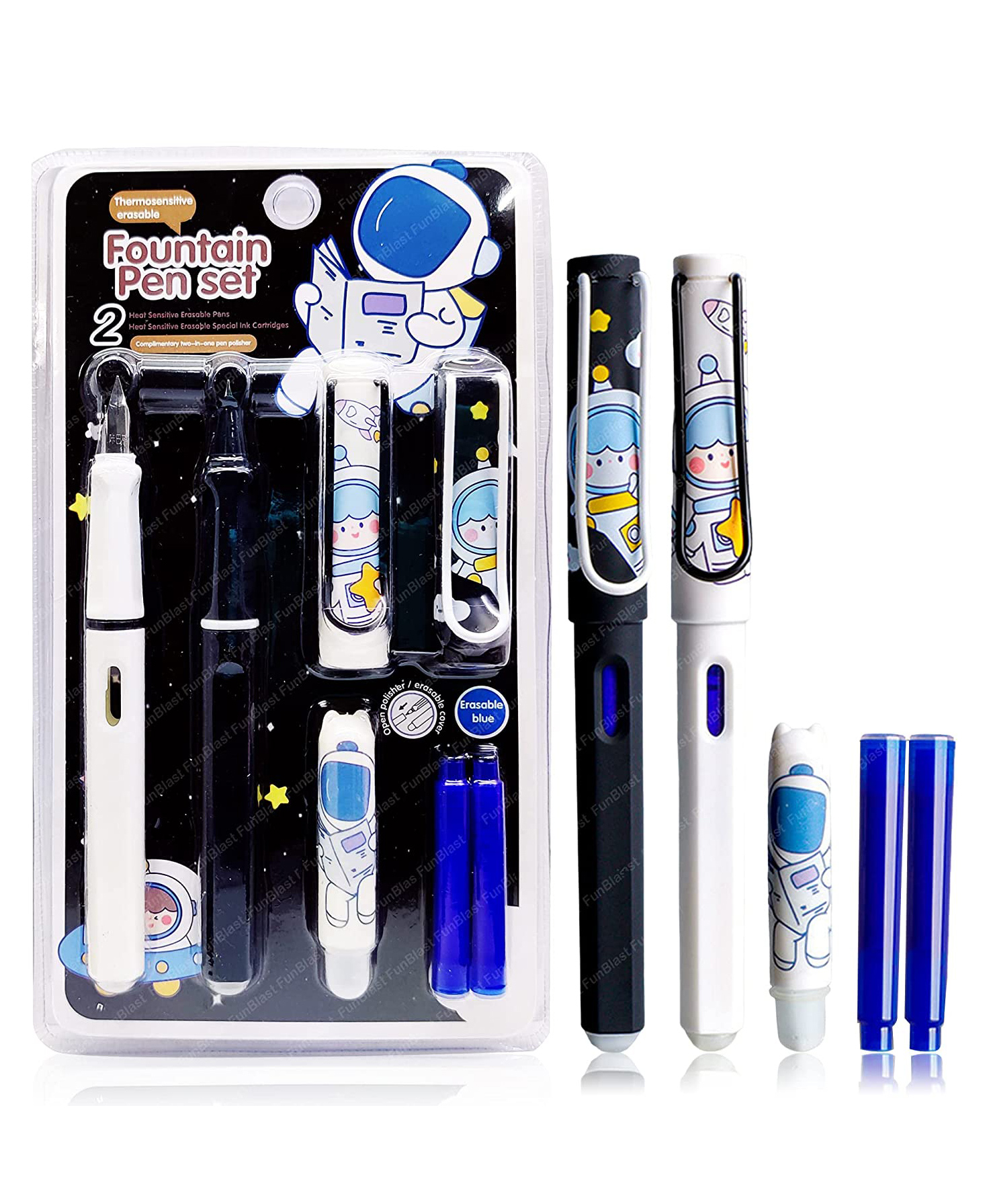 FunBlast Fountain Pen Set with Erasable Cover 2 Pens with 2 Riffils - Black-picture-20