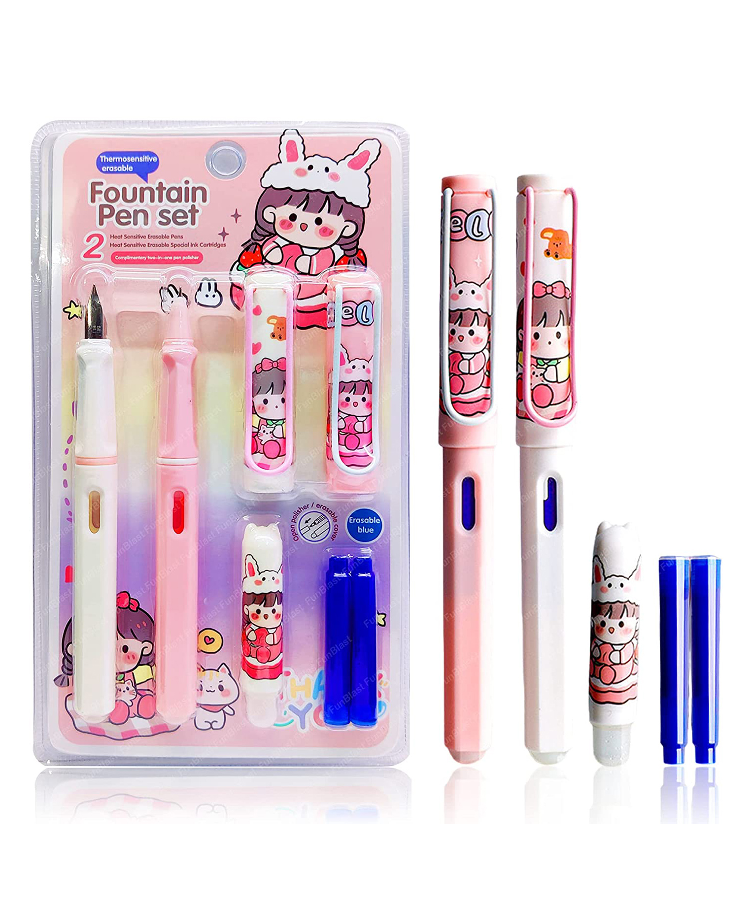 FunBlast Fountain Pen Set with Erasable Cover 2 Pens with 2 Riffils - Pink-picture-19
