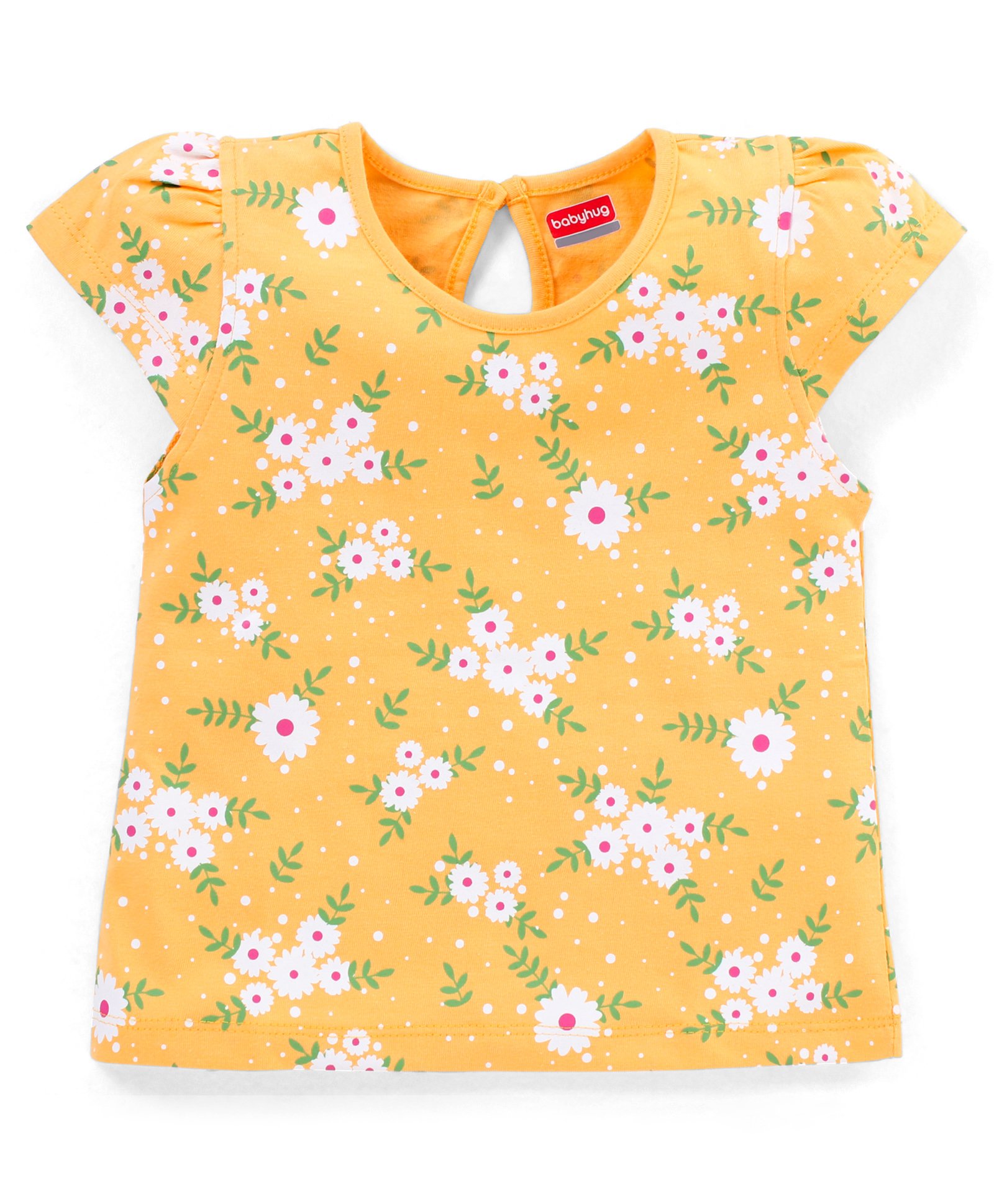 Babyhug 100% Cotton Cap Sleeves Tee with Floral Print - Yellow-image-32