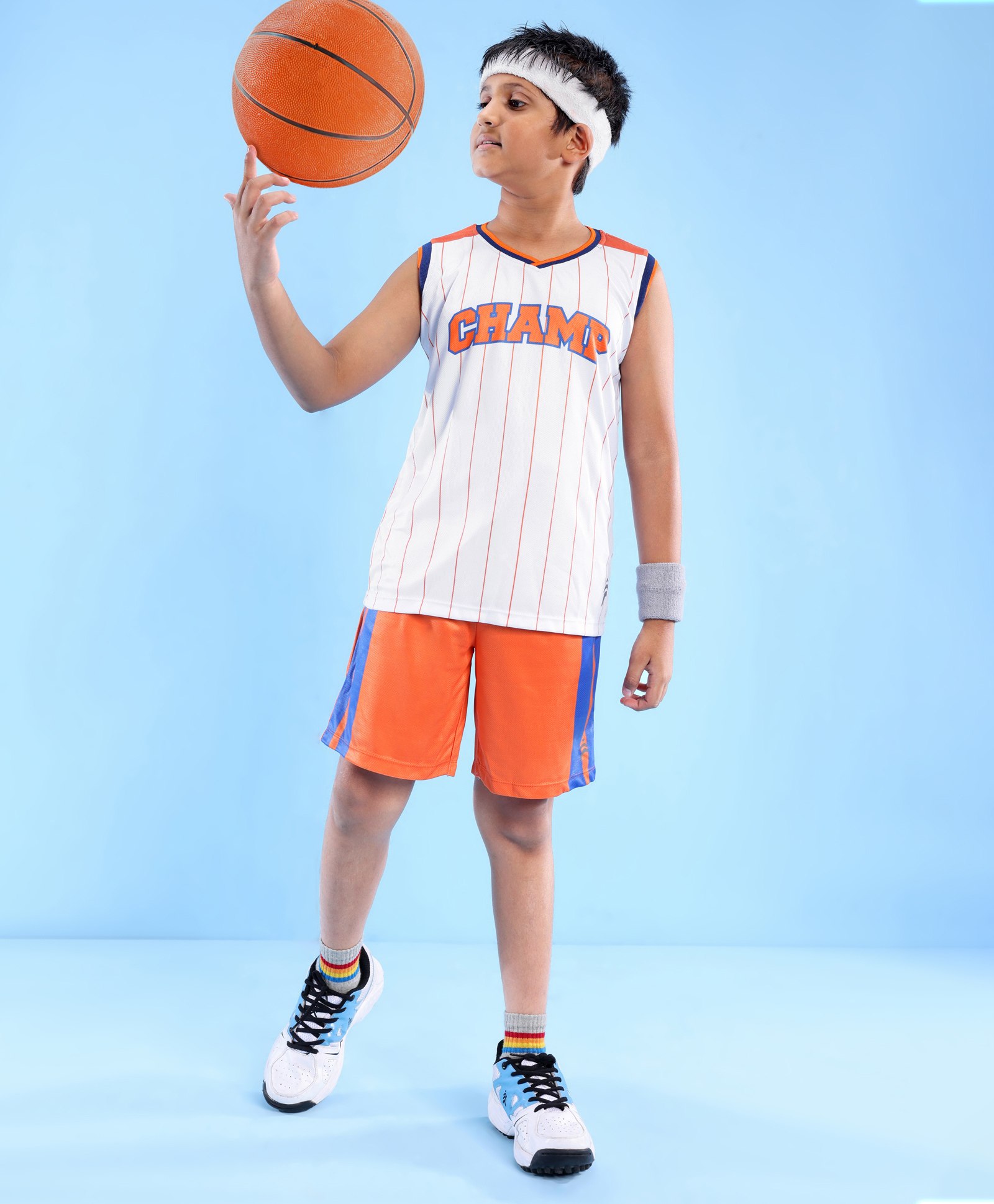 Pine Active Knitted Sleeveless Basketball T-Shirt & Shorts Set Text Print - White & Orange-picture-17