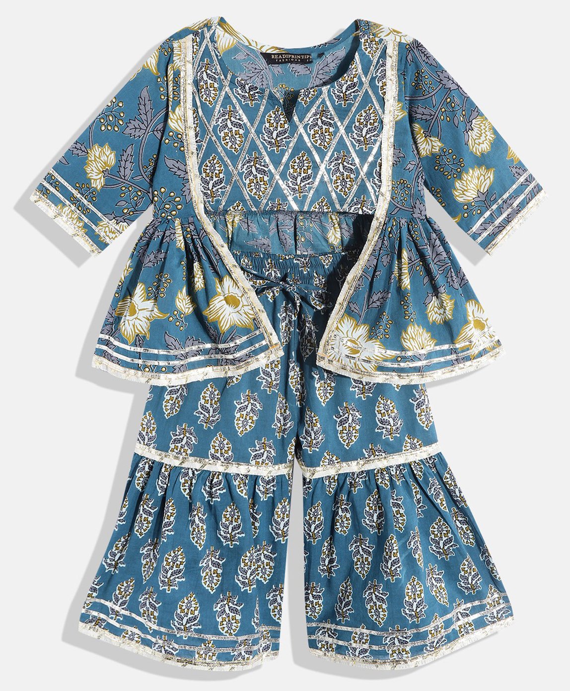 READIPRINT Three Fourth Sleeves Floral Printed & Gota Lace Embellished Mock Jacket Style Peplum Kurta With Seamless Flower Motif Printed Sharara - BLue-image-47