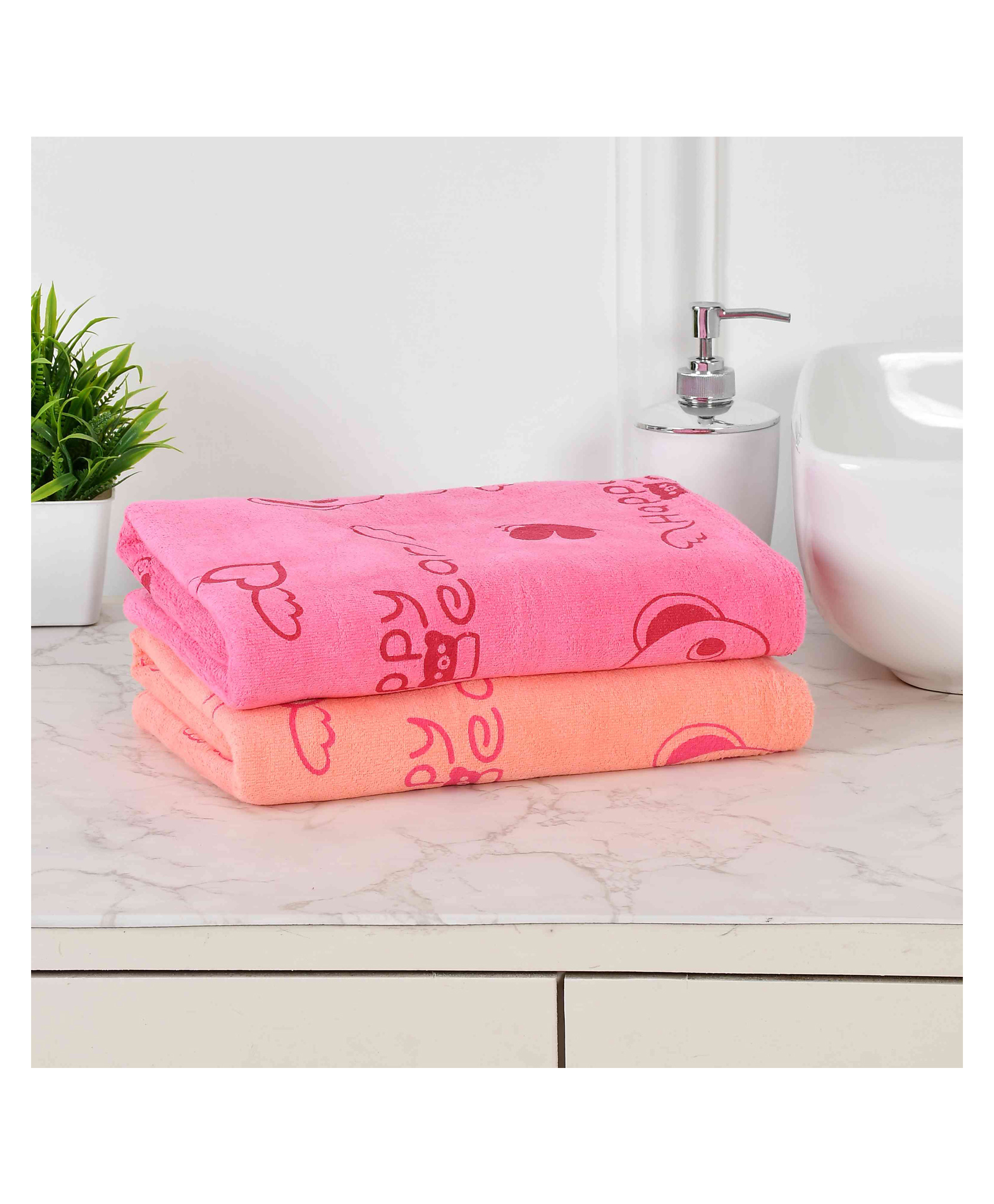 JARS Collections 100% Microfiber Very Soft Cartoon Animal Print Baby Bath Towel Pack of 2 - Pink & Orange-image-9