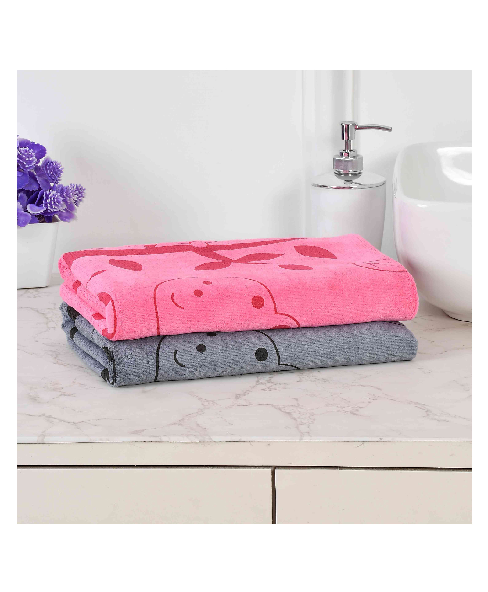 JARS Collections 100% Microfiber Very Soft Cartoon Animal Print Baby Bath Towel Pack of 2 - Grey & Pink-image-30