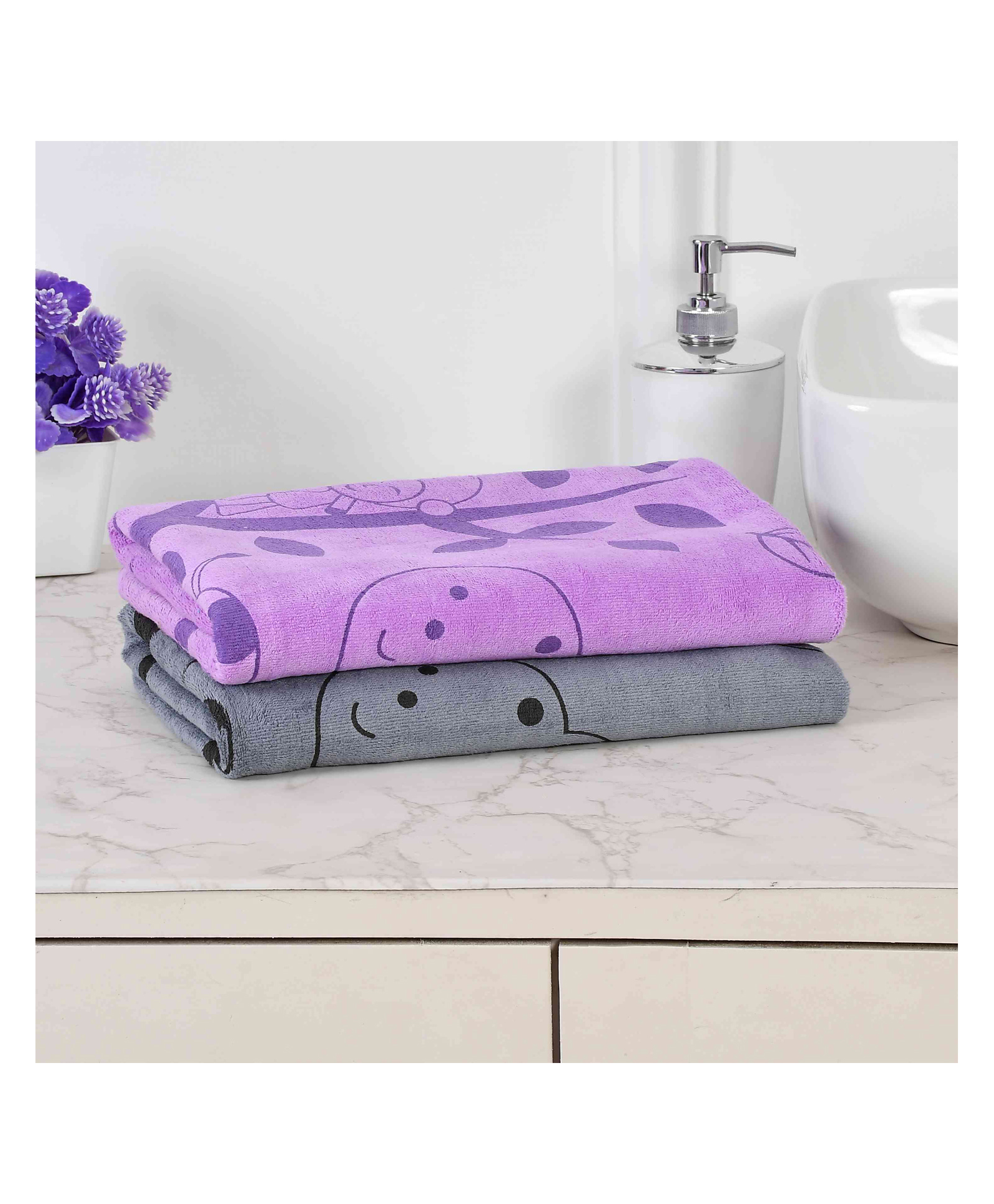 JARS Collections 100% Microfiber Very Soft Cartoon Animal Print Baby Bath Towel Pack of 2 - Grey & Purple-picture-13