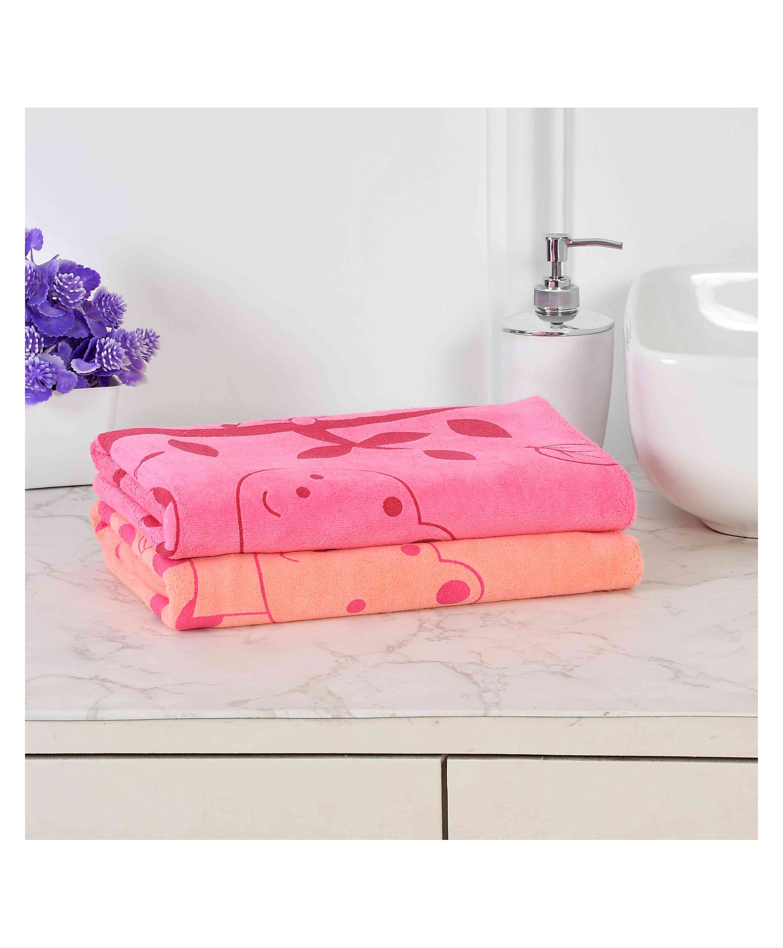 JARS Collections 100% Microfiber Very Soft Cartoon Animal Print Baby Bath Towel Pack of 2 - Pink & Orange-picture-12