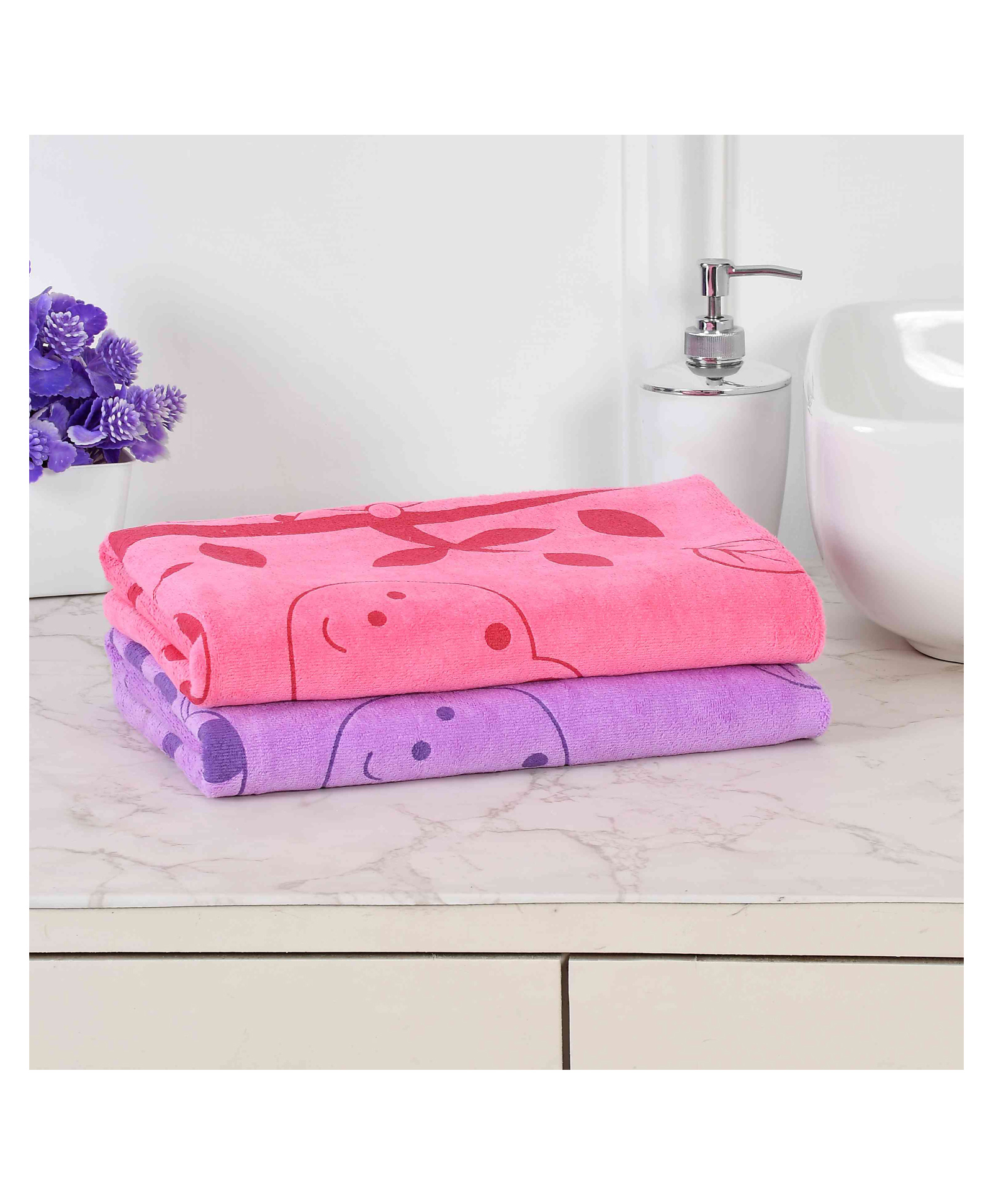 JARS Collections 100% Microfiber Very Soft Cartoon Animal Print Baby Bath Towel Pack of 2 - Purple & Pink-image-39