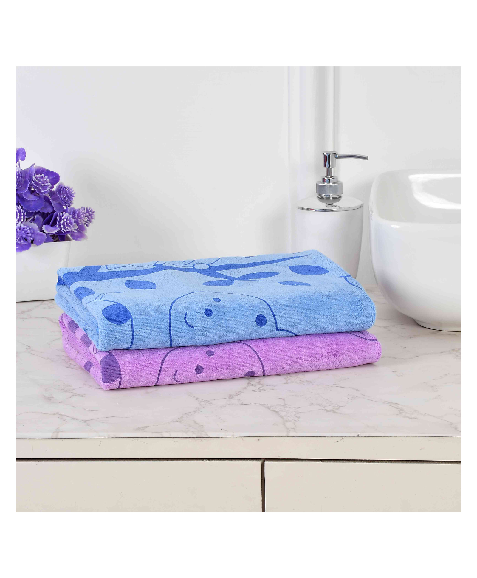 JARS Collections 100% Microfiber Very Soft Cartoon Animal Print Baby Bath Towel Pack of 2 - Blue & Pink-image-41