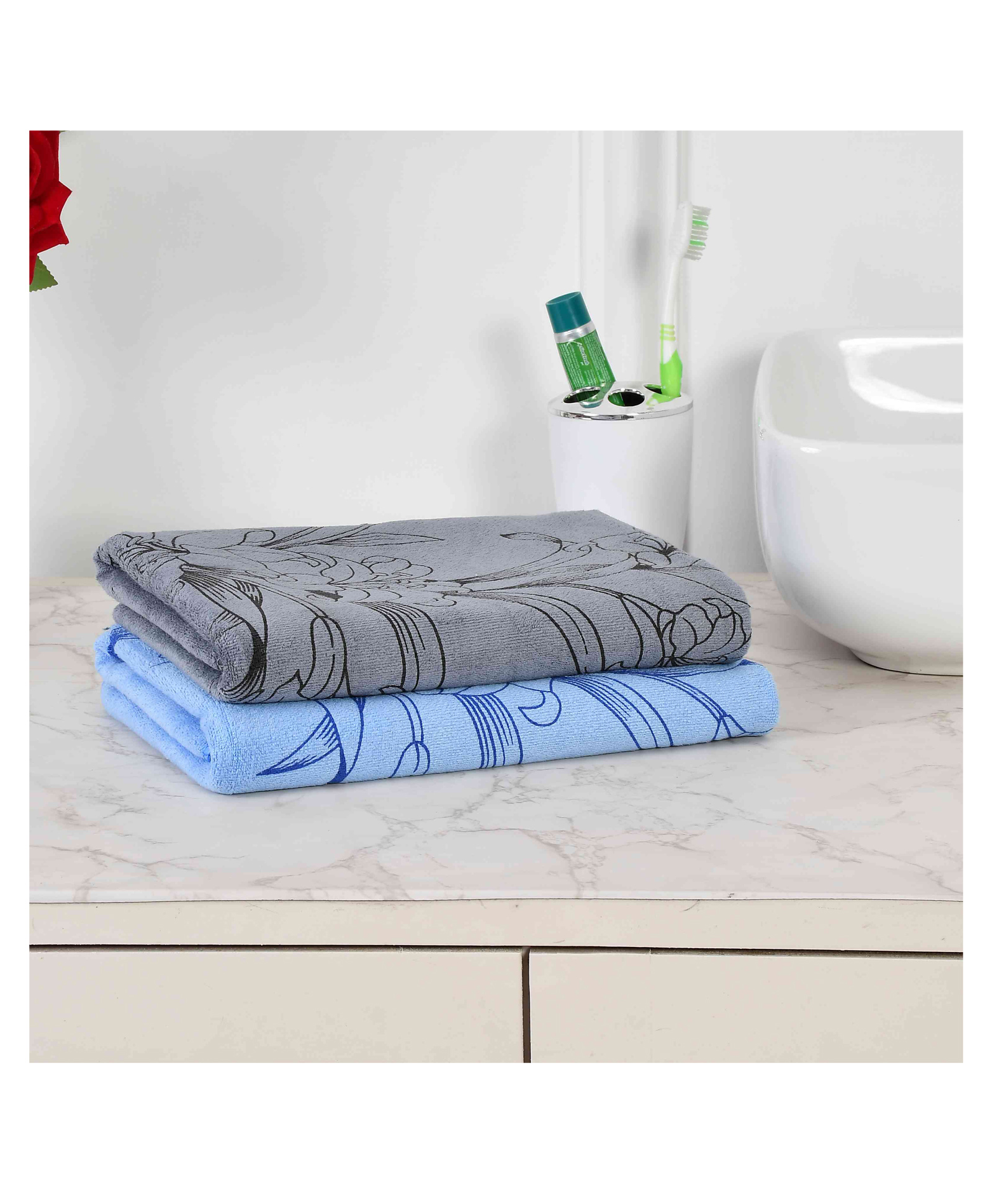 JARS Collections 100% Microfiber Very Soft Floral Print Baby Bath Towel Pack of 2 - Blue & Grey-image-46