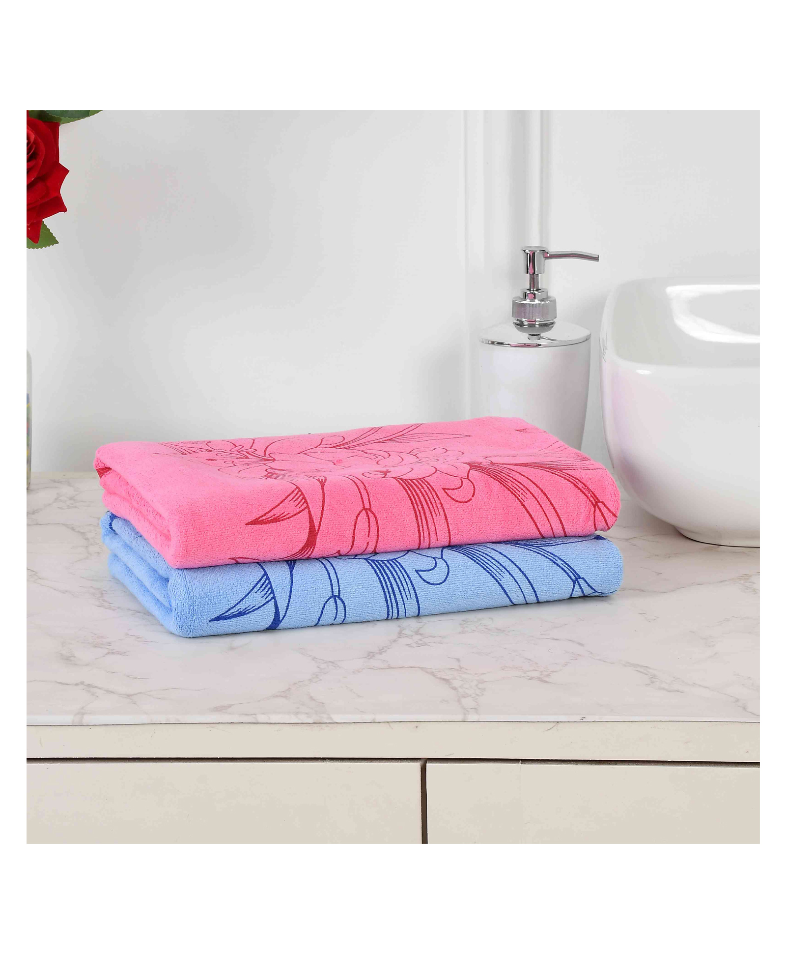 JARS Collections 100% Microfiber Very Soft Floral Print Baby Bath Towel Pack of 2 - Pink & Blue-image-40