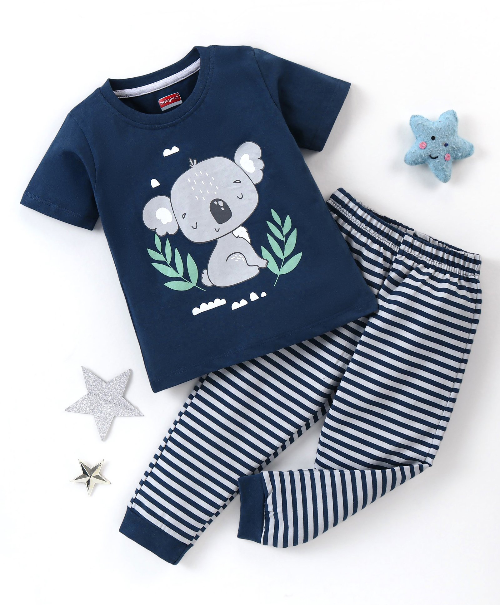 Babyhug Cotton Knit Half Sleeves Night Suit Koala Print With Stripes - Navy Blue-image-44