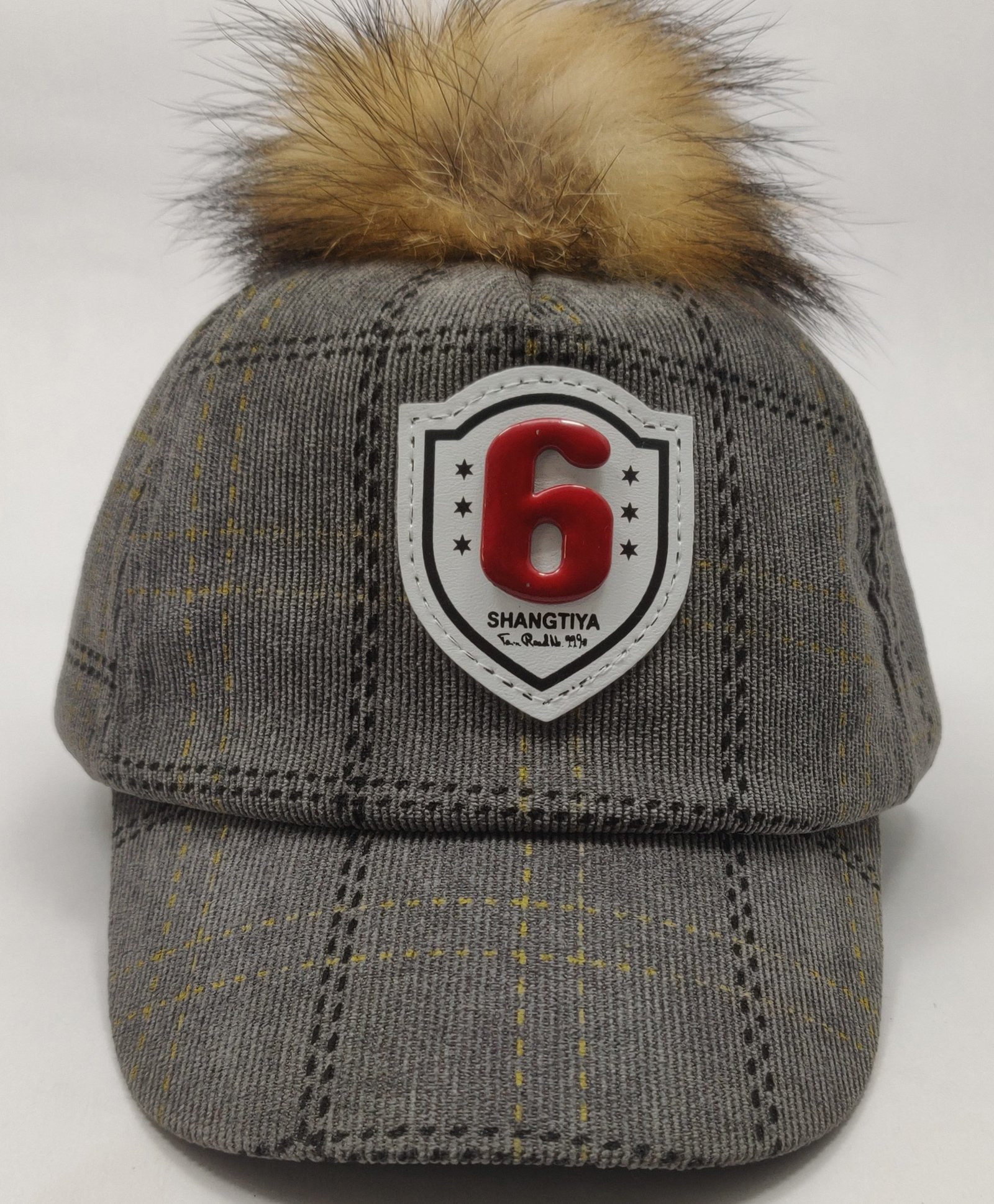 Kid-O-World Window Pane Checked Pom Pom Detail Number Patched Cap - Grey-image-47