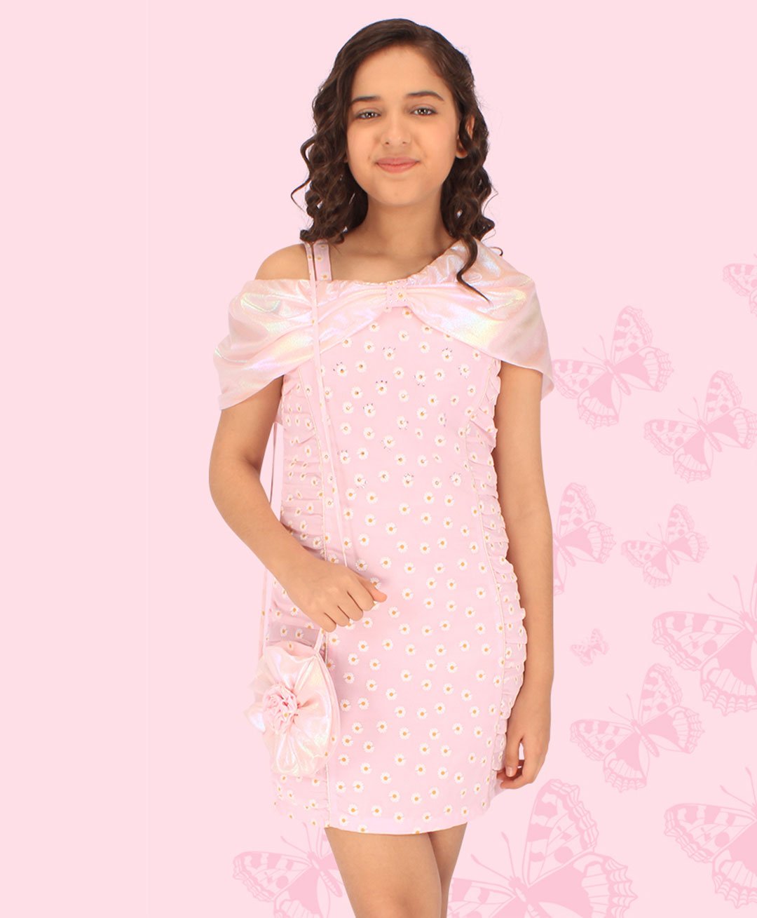 Cutecumber One Shoulder Half Sleeves  All Over Daisy Printed Shift  Dress Set - Pink-picture-15