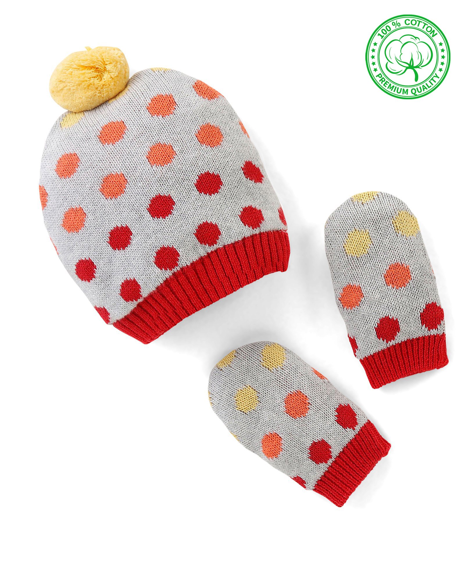 Babyhug Pom Pom Organic Cotton Cap & Mittens Set Polka Dot Print Grey - Circumference 26 cm-image-28
