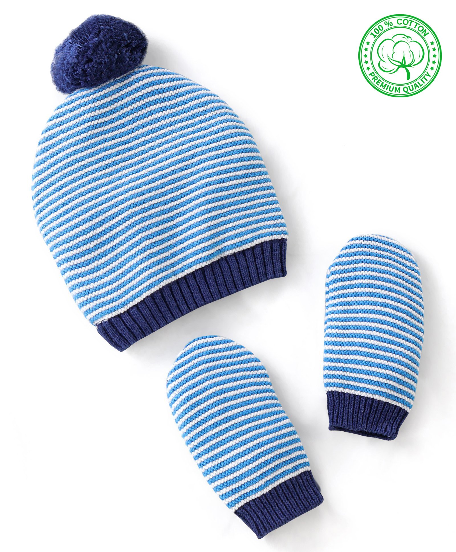 Babyhug Organic Cotton Woollen Cap and Mitten Set Stripes Design Blue - Cap Diameter 9.5 cm-picture-13
