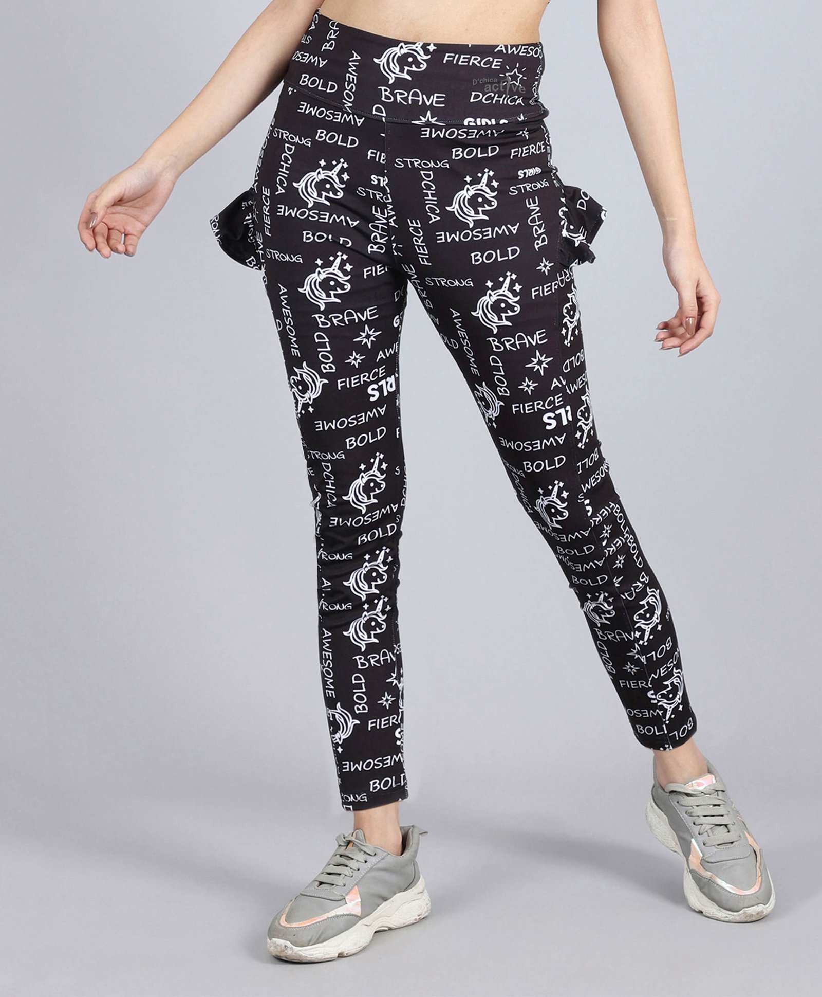D'chica Seamless Unicorn & Text Printed Sports Tights With Side Pockets - Black-picture-4