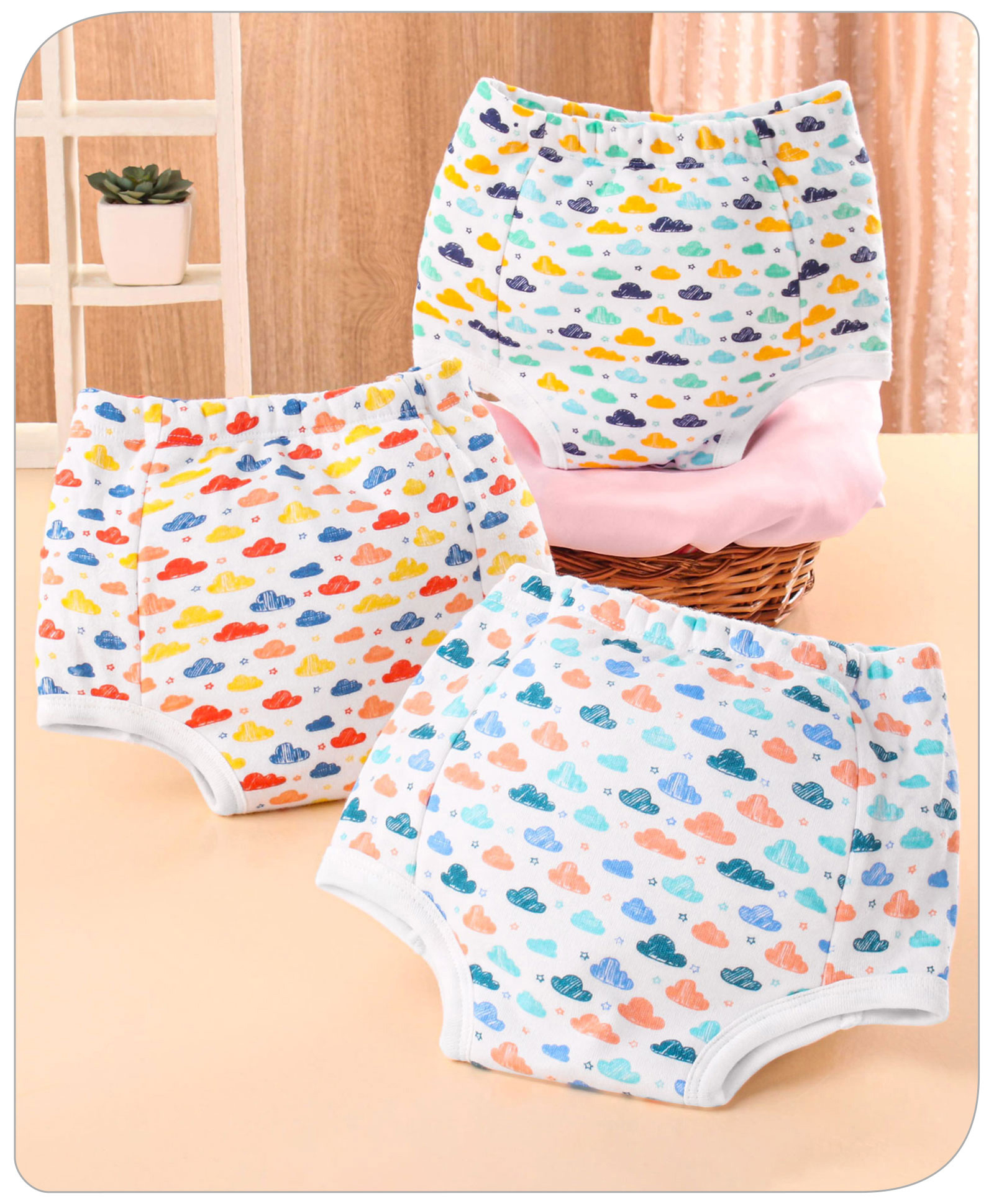 Babyhug 100% Cotton Padded Underwear Diapers Pack of 3 Size 2 Cloud Print - Multicolour
