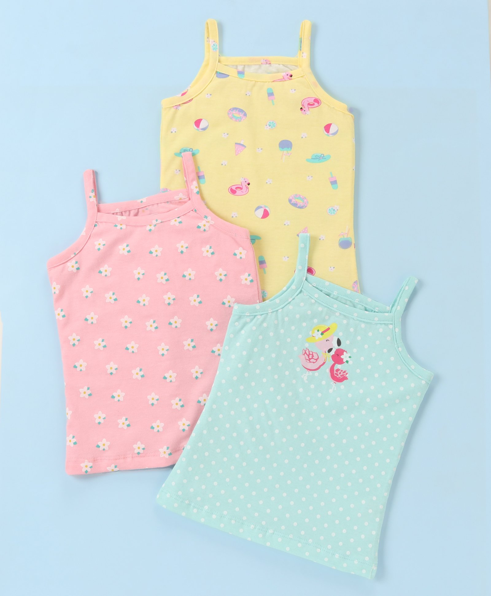 Babyhug 100% Cotton Knit Slip Flamingo & Floral Print Pack Of 3 - Blue Pink & Yellow-picture-18
