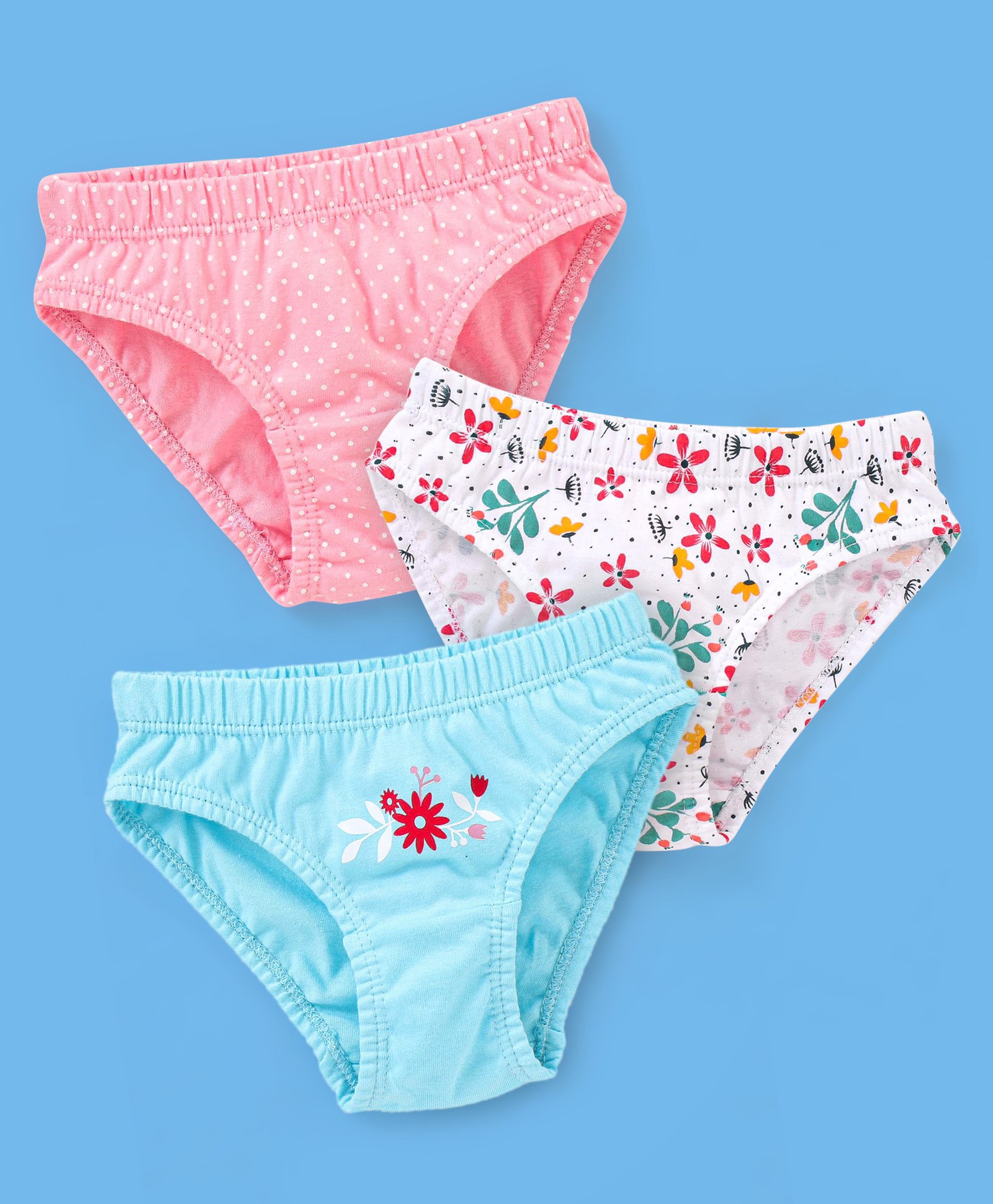 Babyhug 100% Cotton Floral Printed Panties Pack Of 3 - Blue Pink & White-image-47