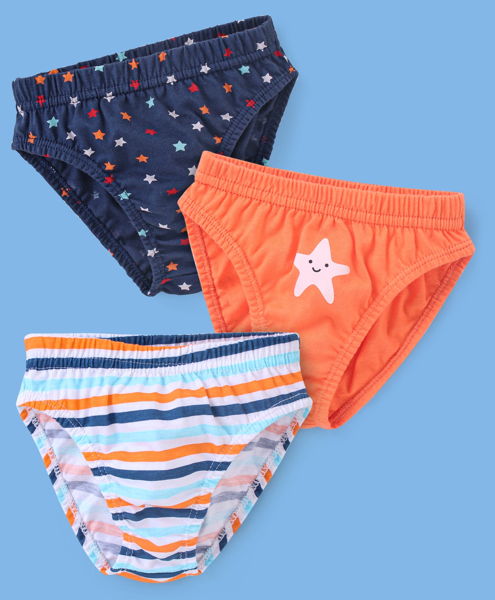 Babyhug 100% Cotton Briefs Star Print Pack of 3 - Blue White & Orange-image-48