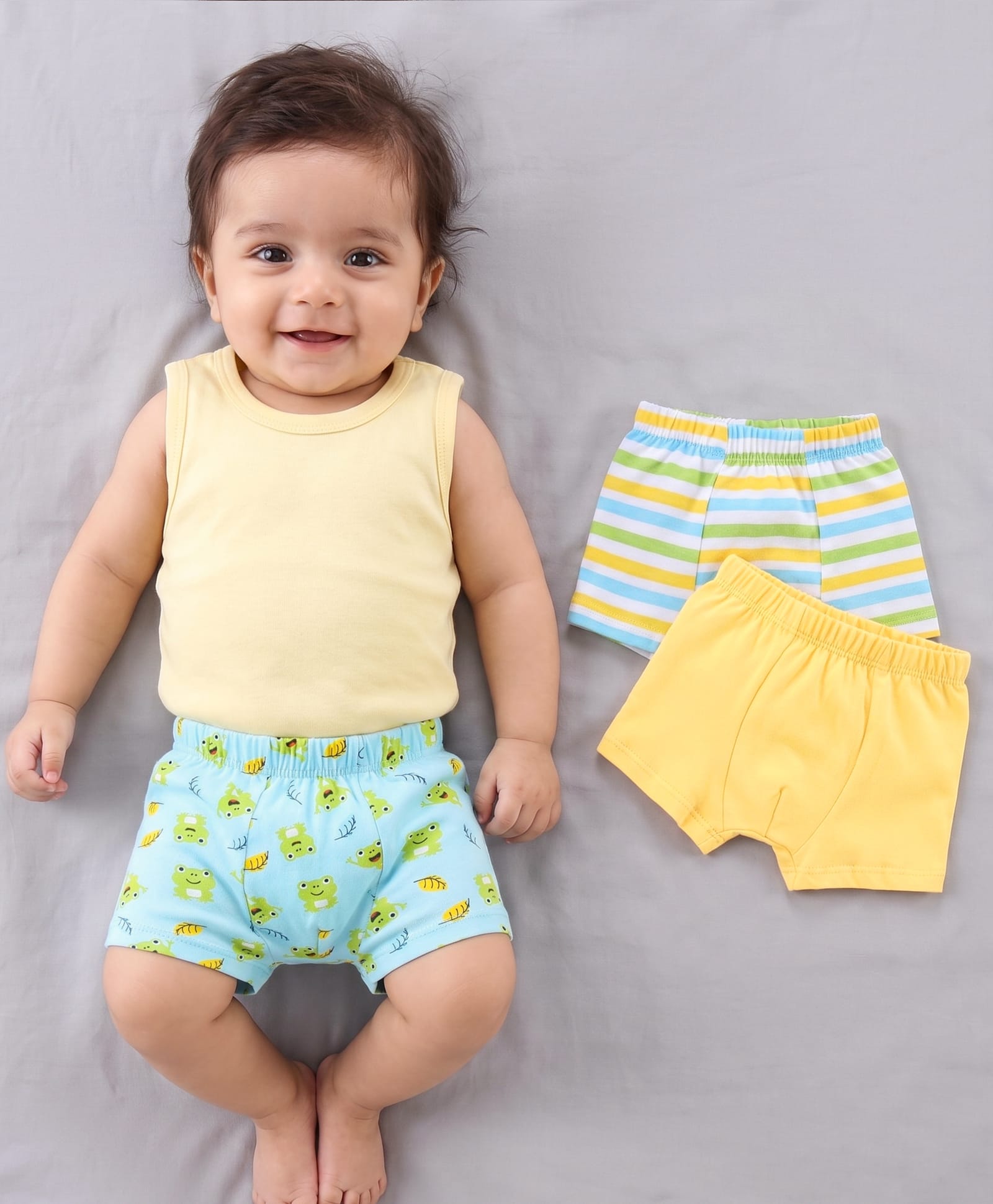 Babyhug 100% Cotton Knit Trunks Frog & Striped Print Pack of 3 - Blue & Yellow-image-28