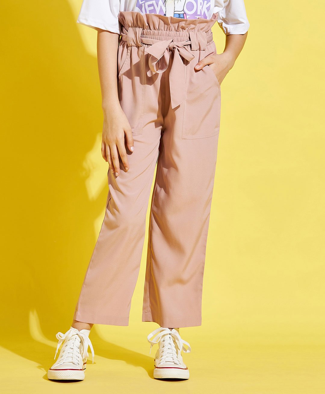 Cherry & Jerry Paperbag Waist Detailed Solid Cigarette Trousers -Peach-picture-16