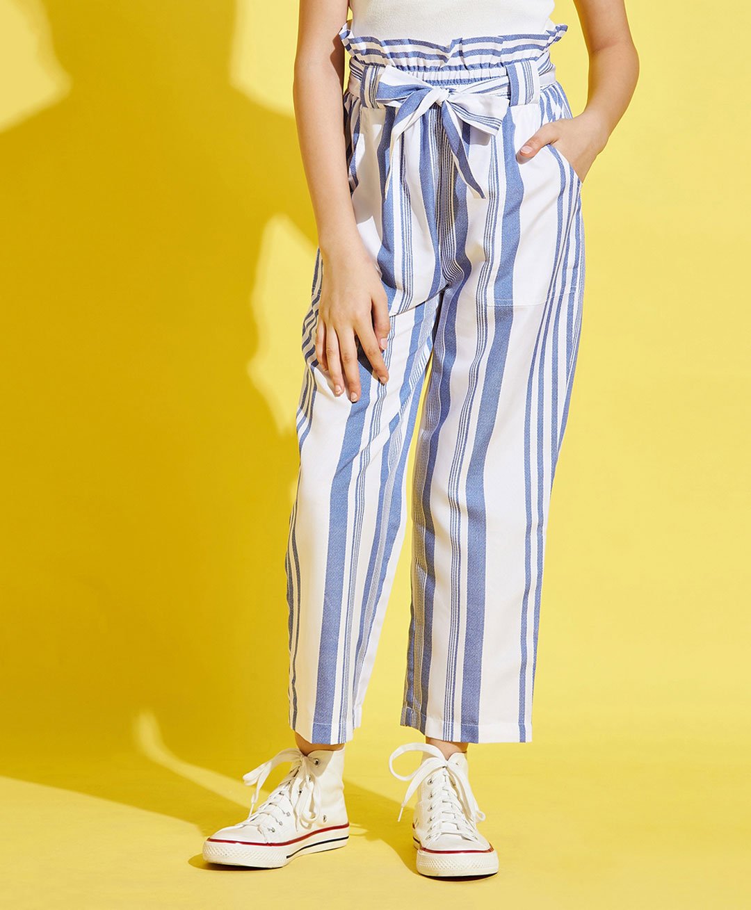 Cherry & Jerry Paperbag Waist Detailed Balanced Striped Cigarette Trousers - Peach-picture-21