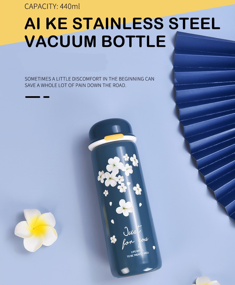 YAMAMA Beautiful Flower Print Stainless Steel Double Wall Vacuum Insulated Water Bottle Blue - 440 ml-image-3