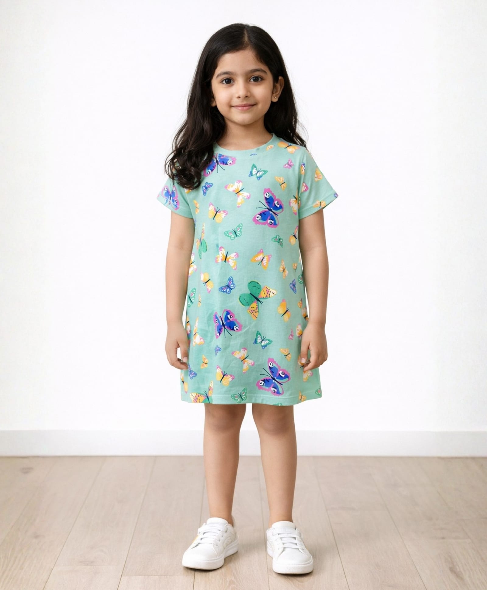 Anthrilo Half Sleeves Seamless Butterflies Printed Dress - Green-image-5