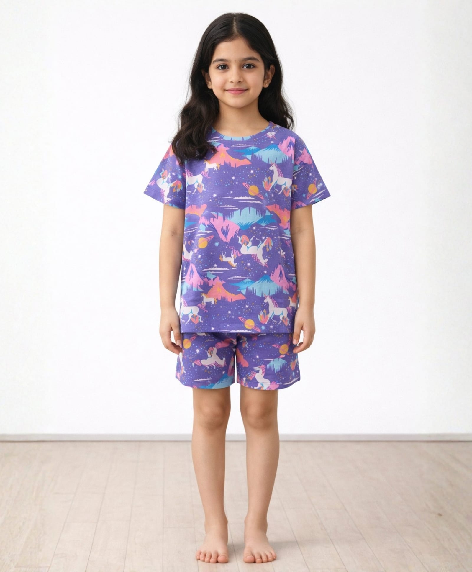 Anthrilo Half Sleeves Unicorn Printed Tee & Shorts - Purple-image-14