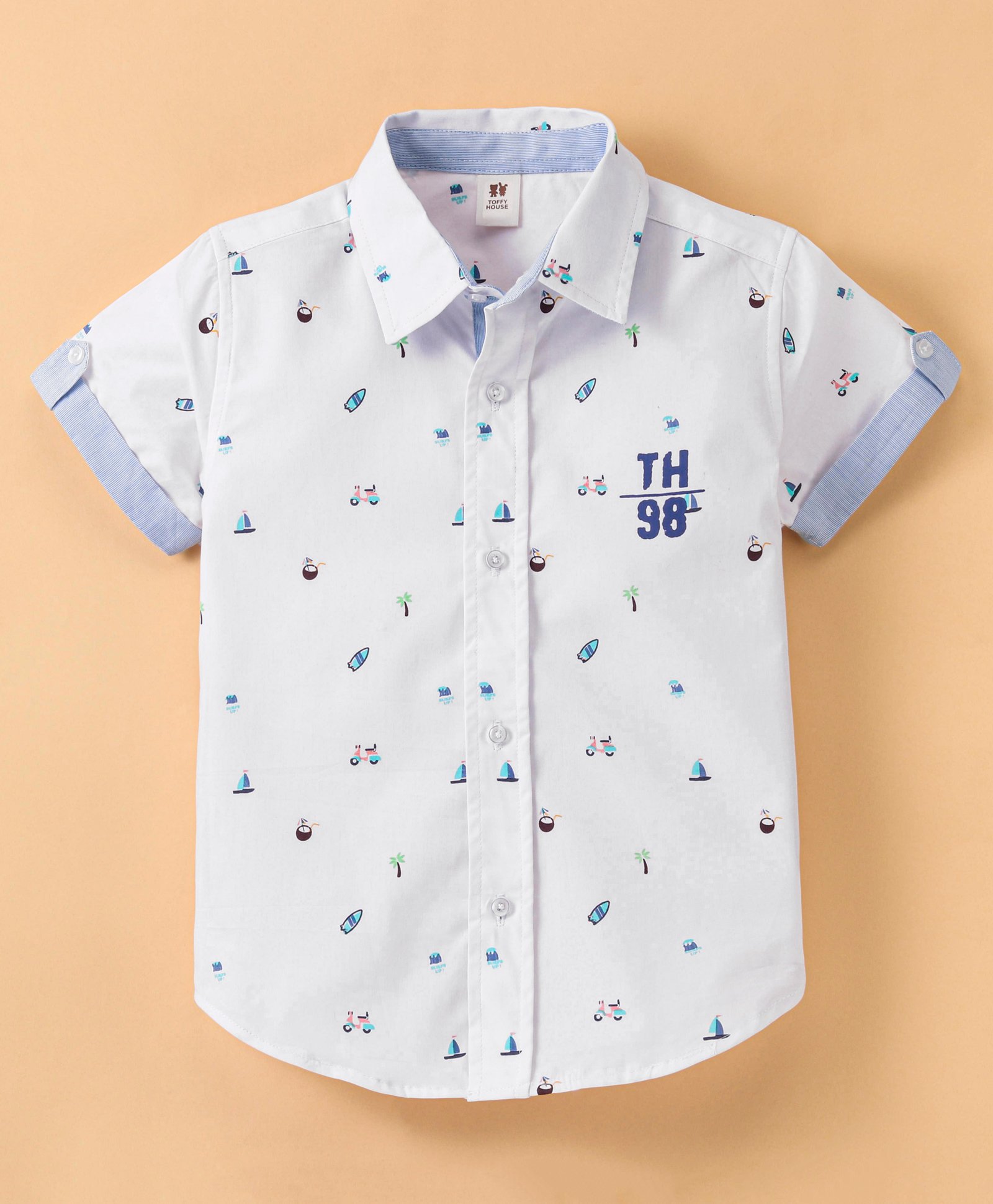 ToffyHouse Cotton Poplin Woven Half Sleeves Shirt Scooter Print - White & Blue-picture-17