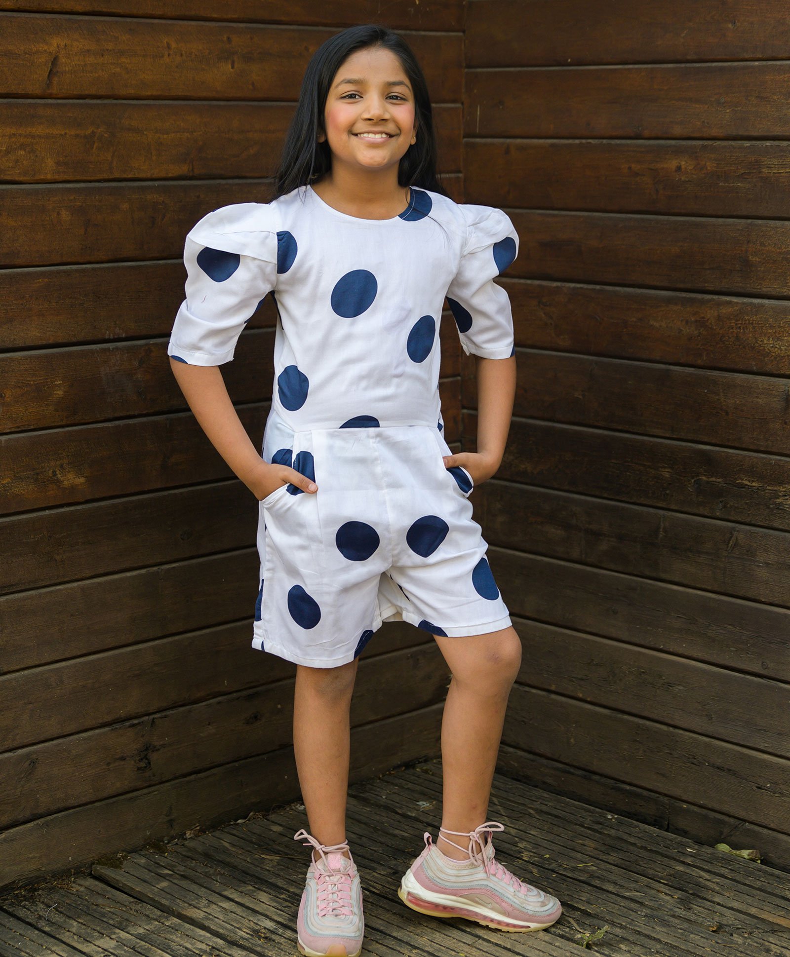 Fairies Forever Puffed Sleeve Polka Dots Printed Jumpsuit - Blue White-picture-15