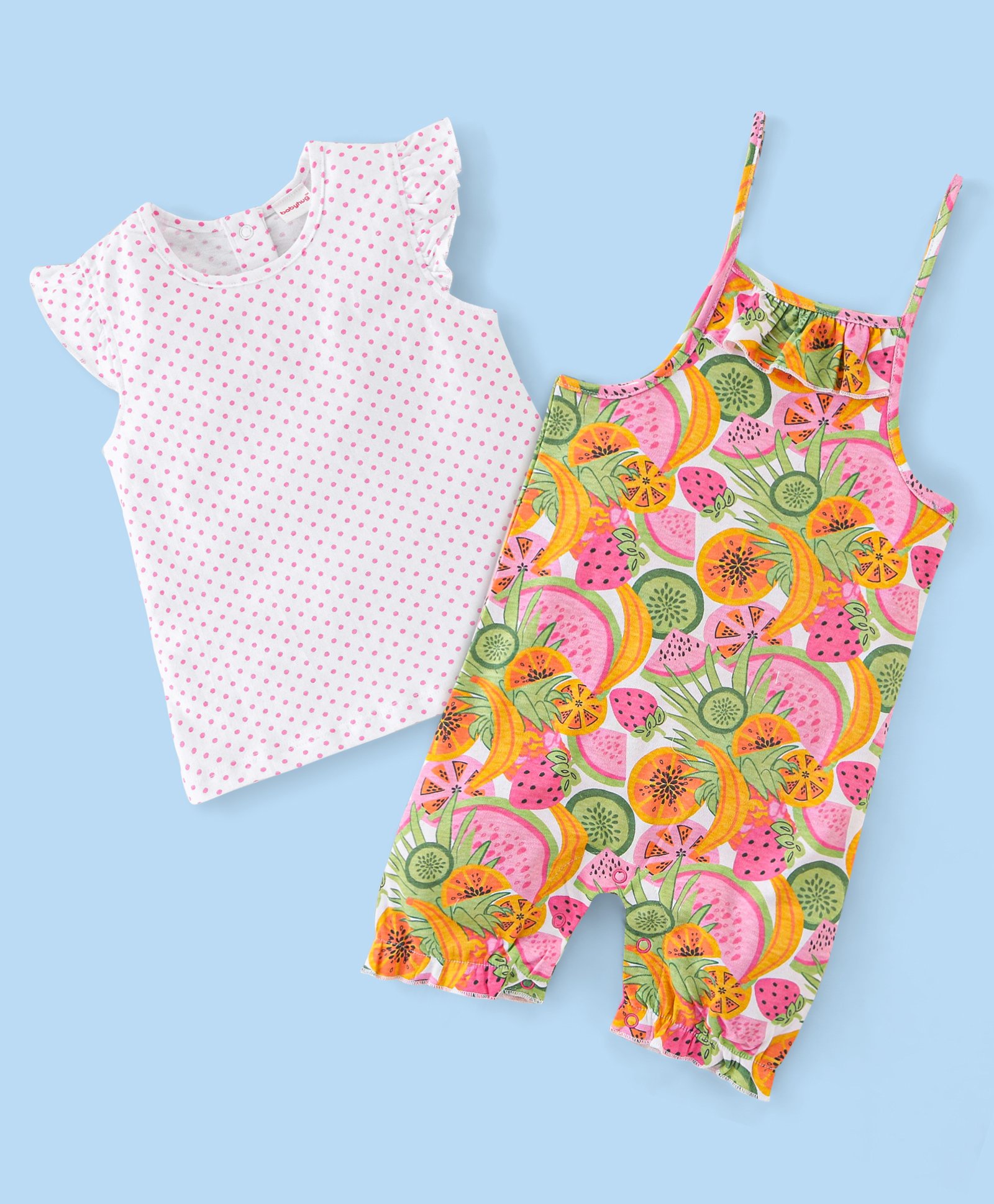 Babyhug 100% Cotton Knit Half sleeves Dungarees & Sets Girl With Back Snap Buttons Strawberry Print - White & Pink-image-12