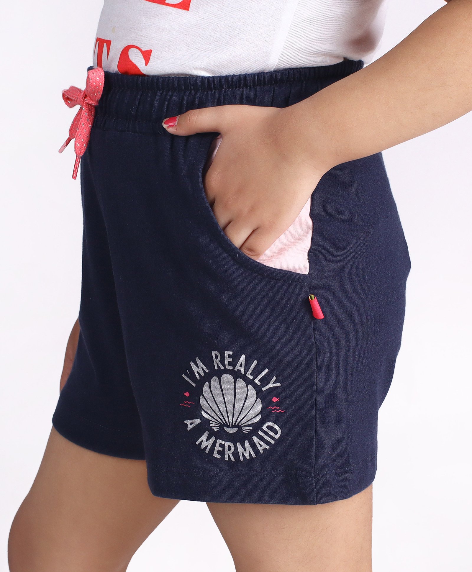 3PIN I Am Really A Mermaid Oyster Shells Placement Printed Side Taped Shorts - Navy Blue-picture-27