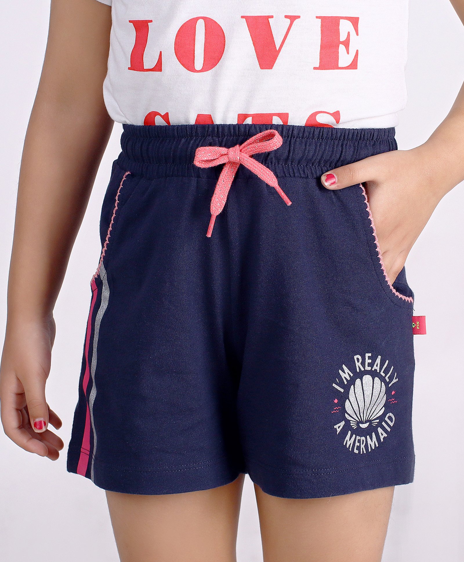 3PIN I Am Really A Mermaid Oyster Shells Placement Printed Shorts - Navy Blue-image-13