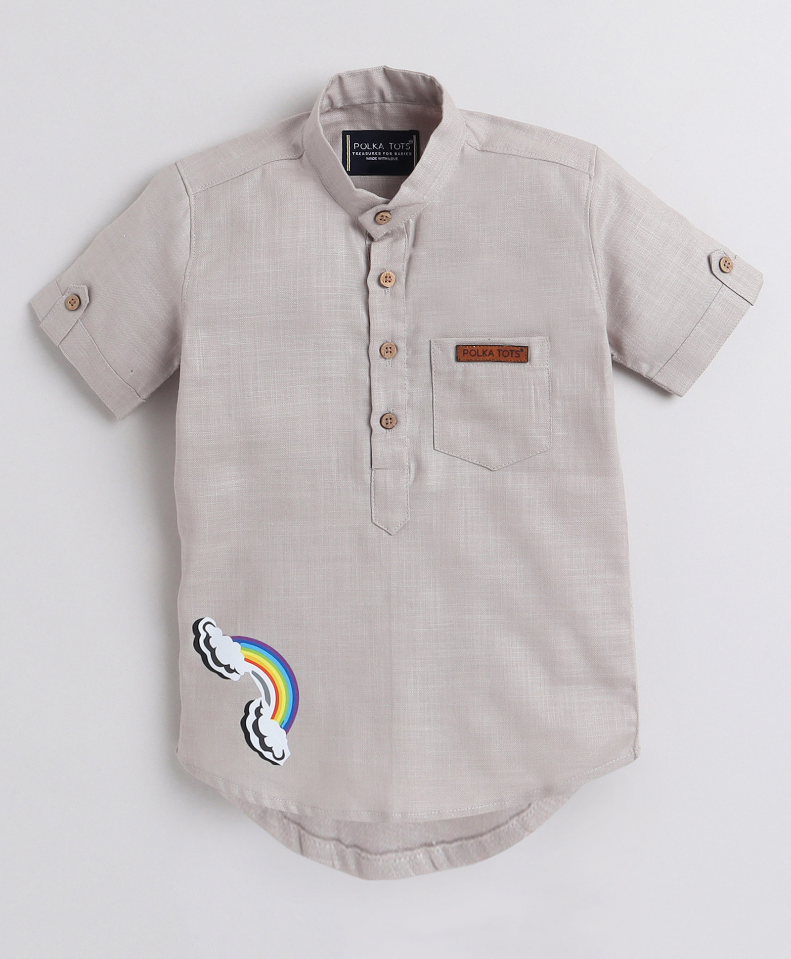 Polka Tots Half Sleeves Rainbow Placement Printed Short Kurta - Grey-image-4