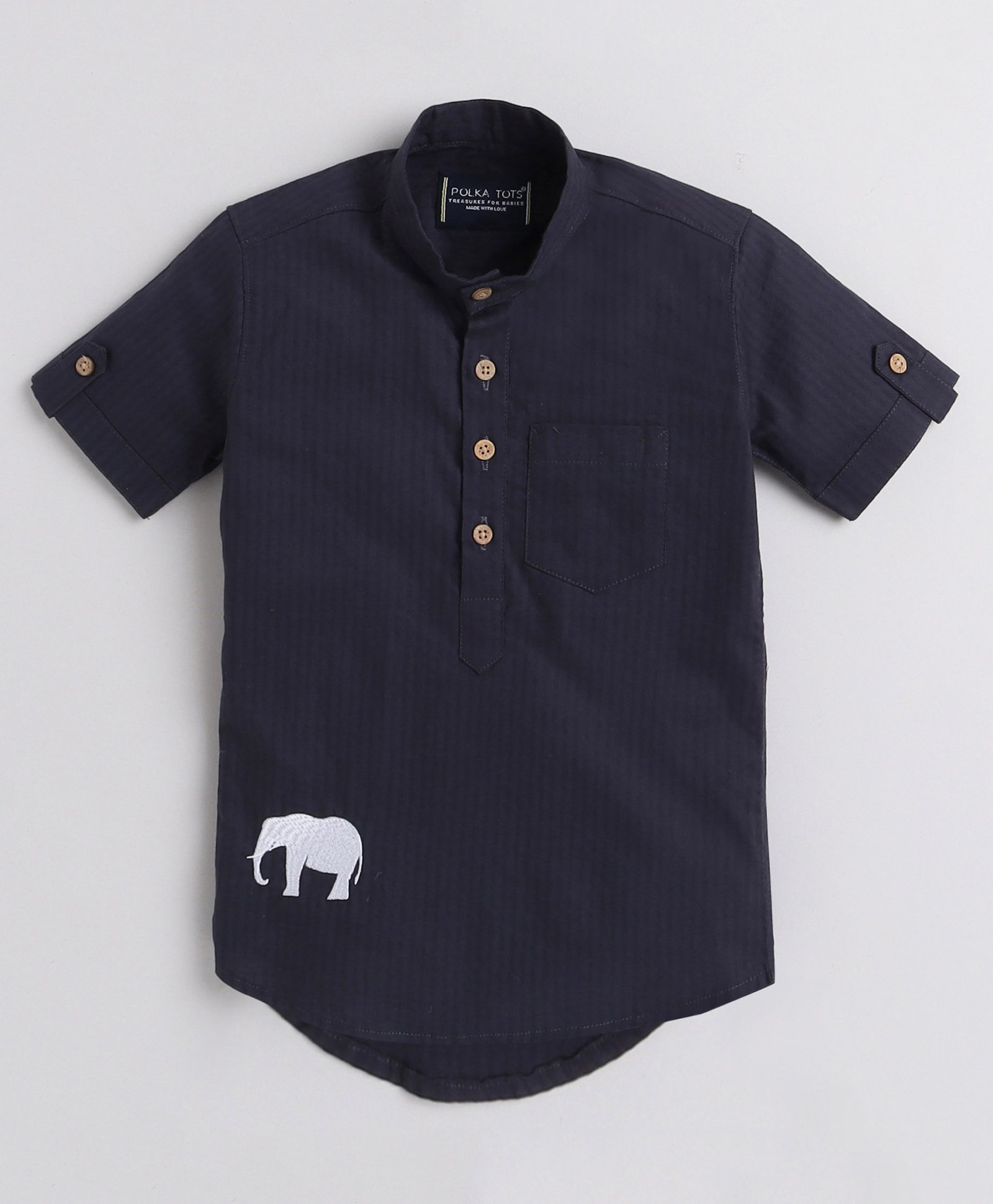 Polka Tots Half Sleeve Elephant Embroidery Short Kurta - Greyish Blue-picture-13